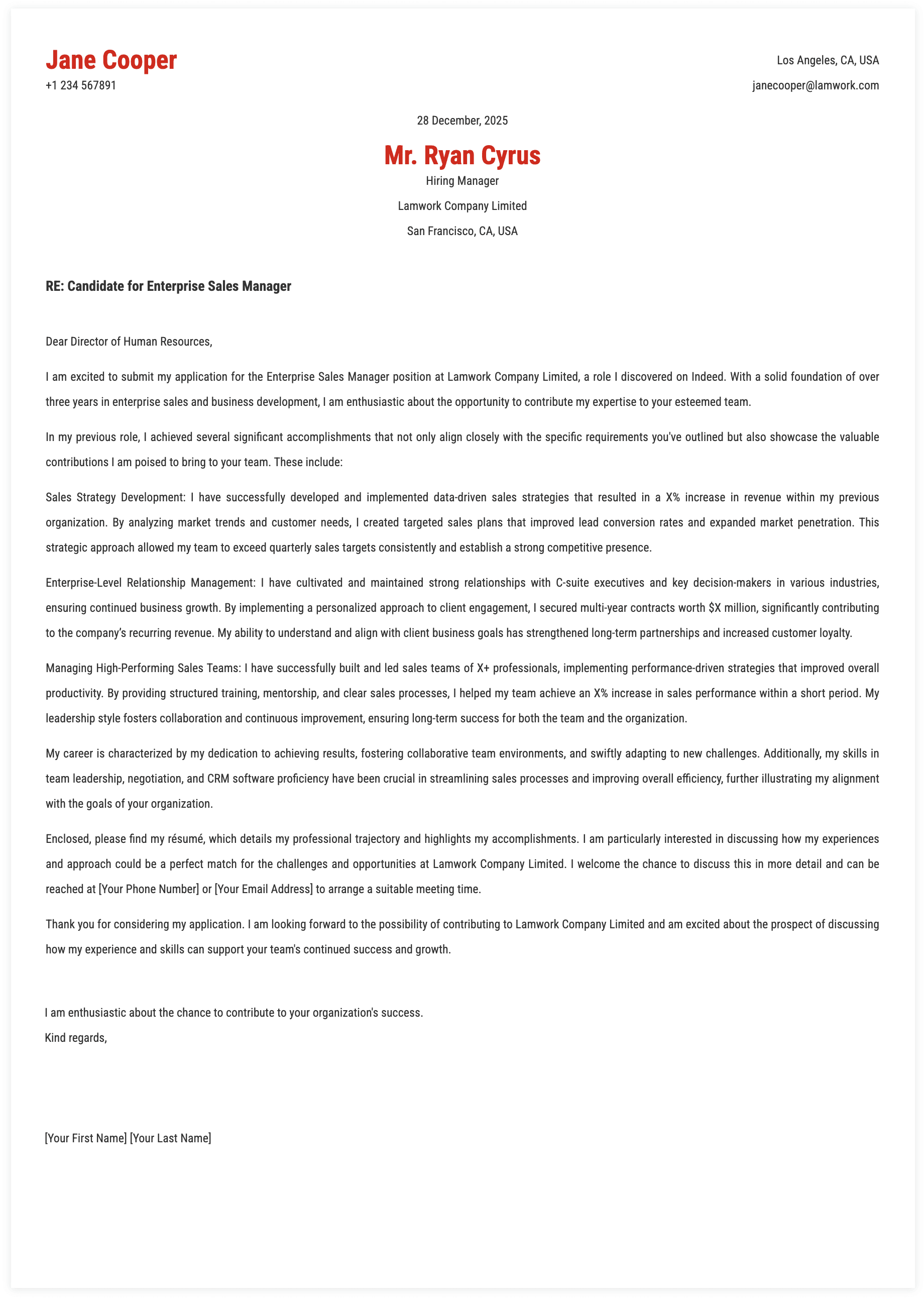 Enterprise Sales Manager Cover Letter Template