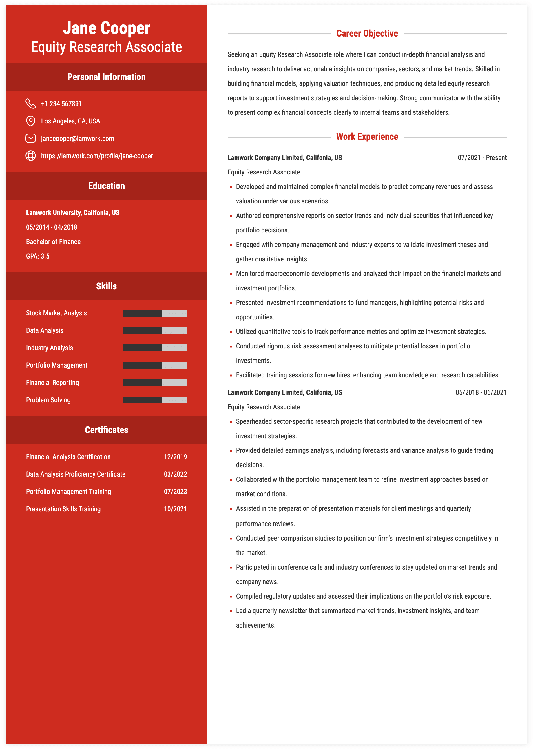 Equity Research Associate Resume Example