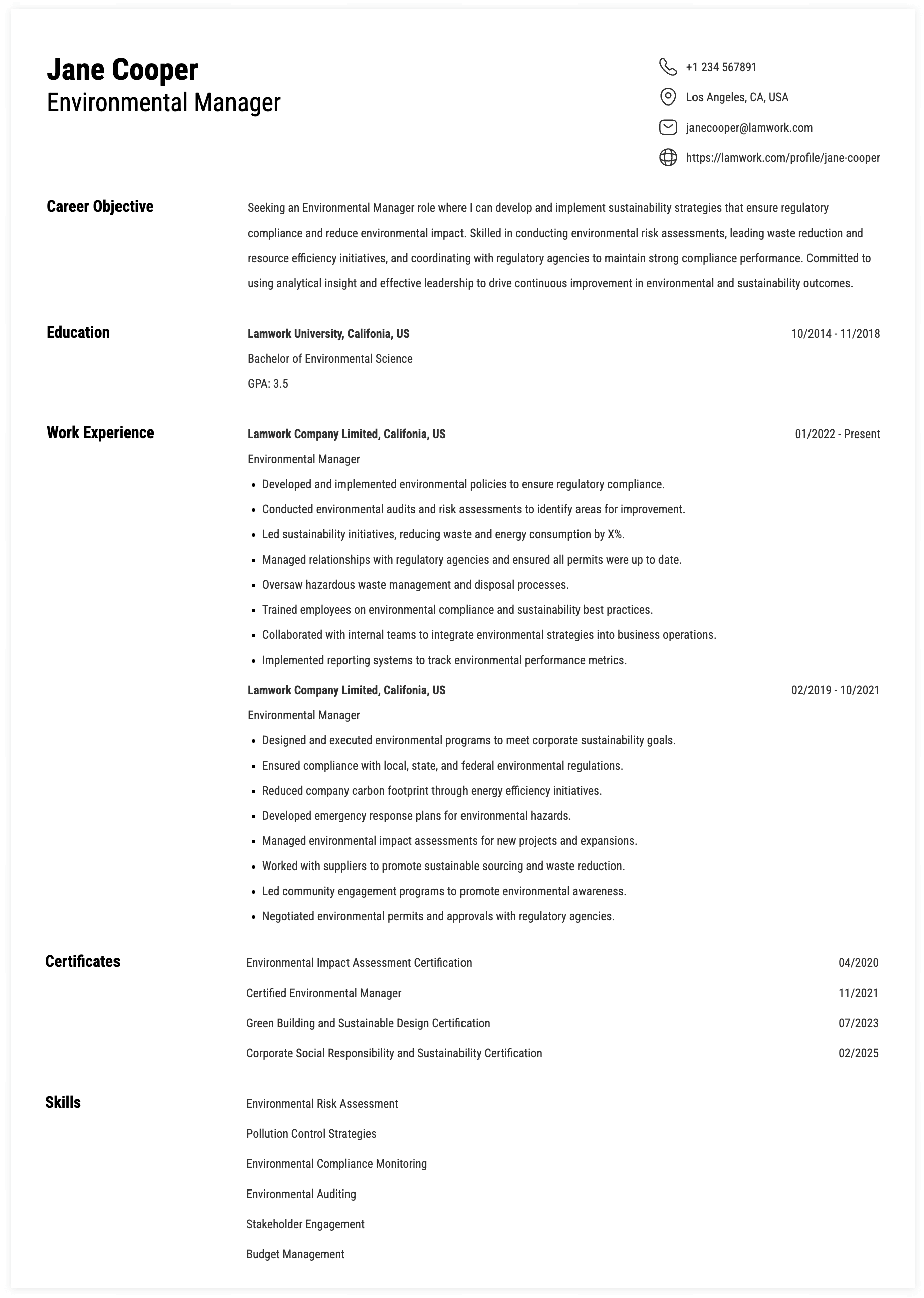 Environmental Manager Resume Example
