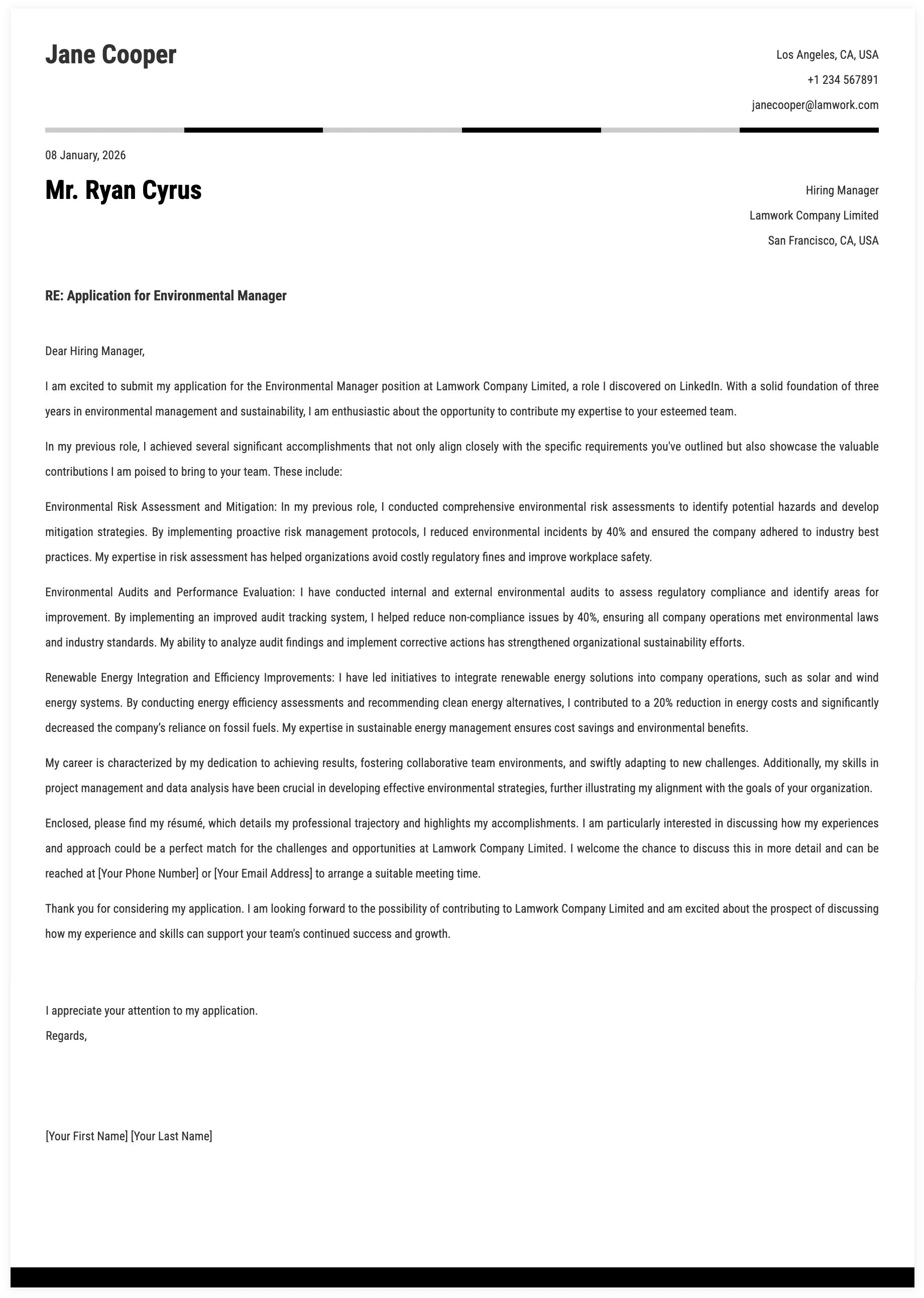 Environmental Manager Cover Letter Template