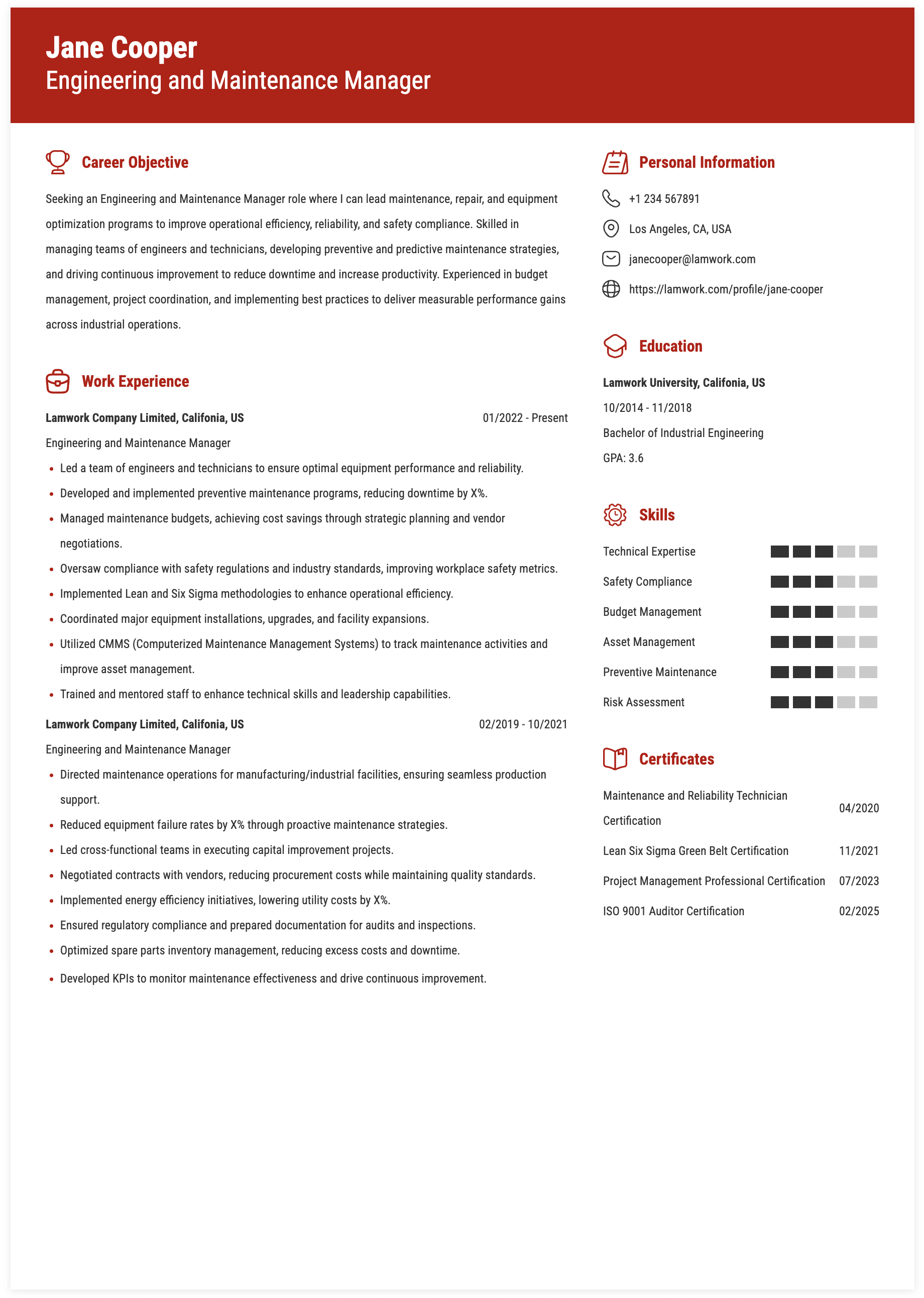 Engineering and Maintenance Manager Resume Example