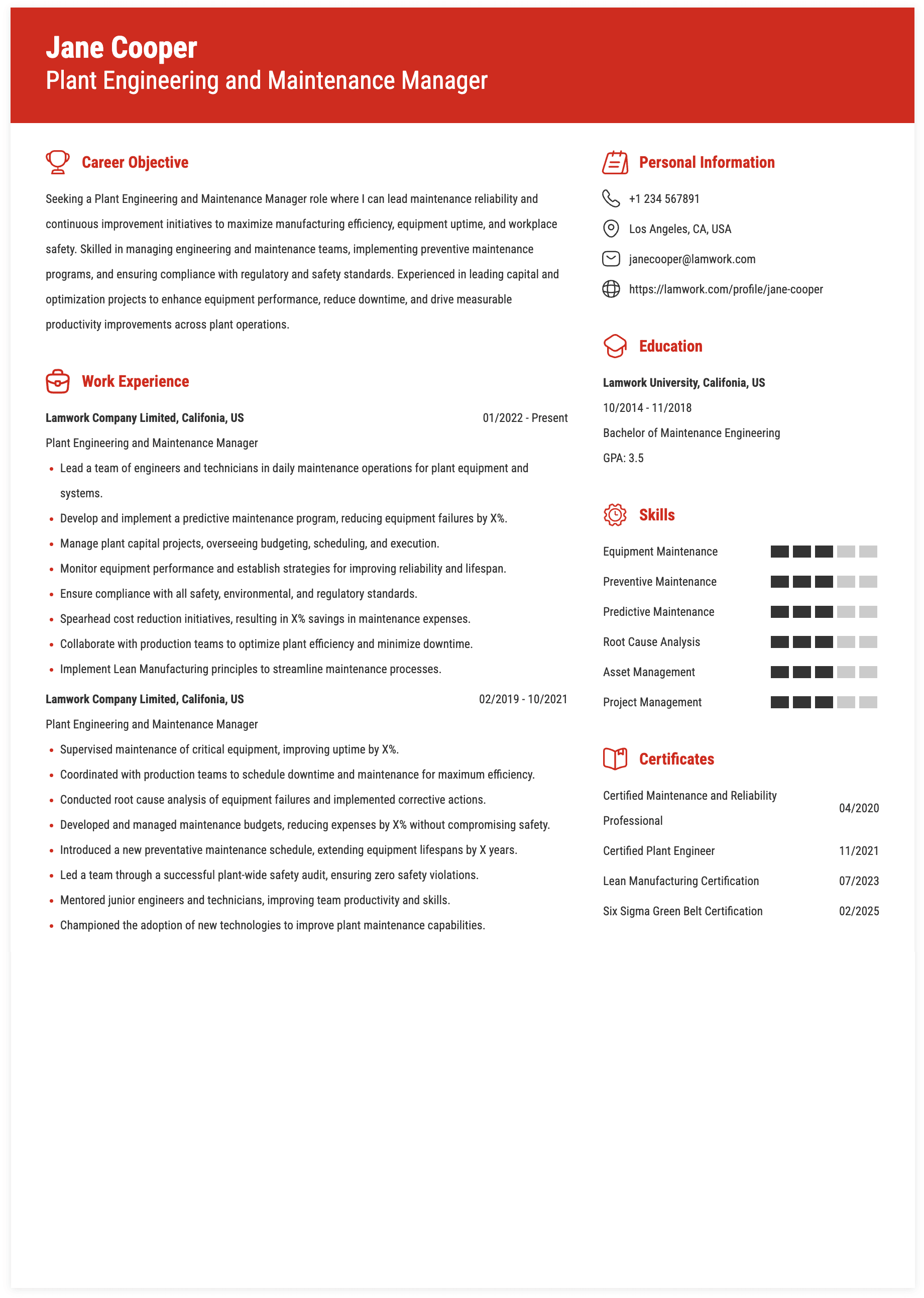 Plant Engineering and Maintenance Manager Resume Example