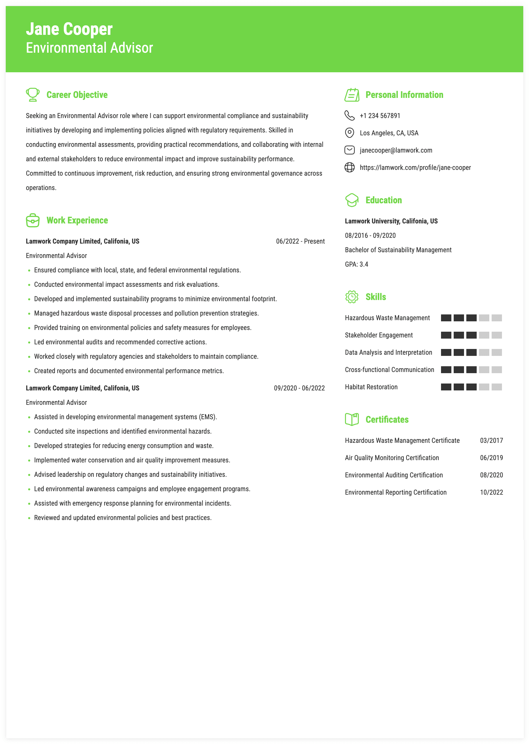 Environmental Advisor Resume Example