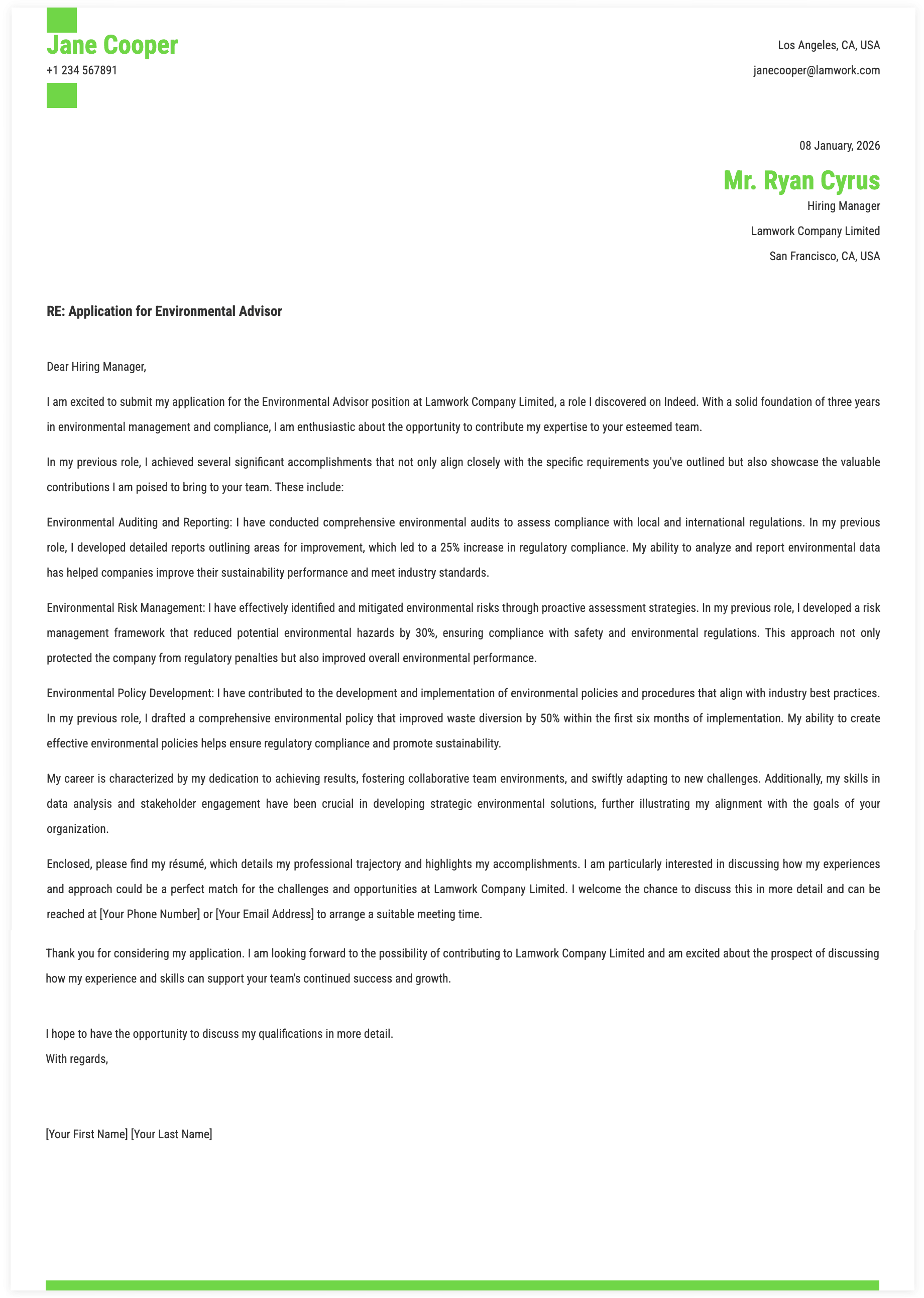 Environmental Advisor Cover Letter Template
