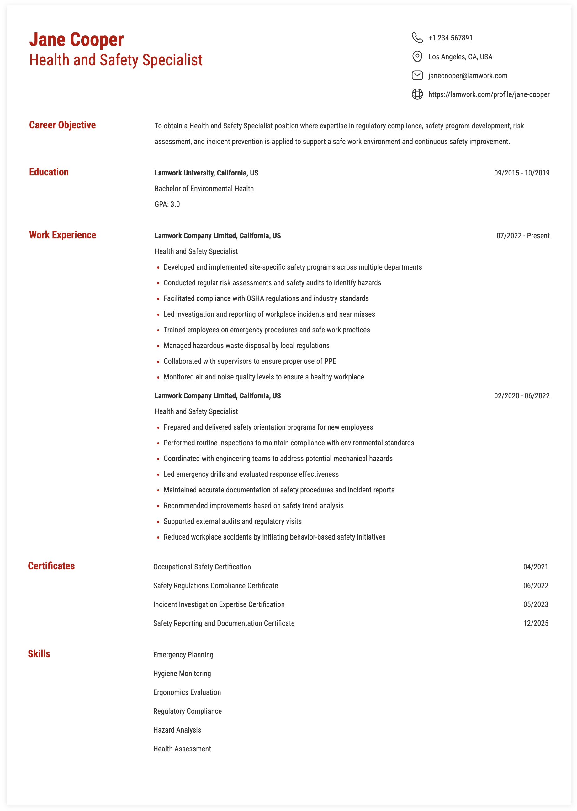 Health and Safety Specialist Resume Example