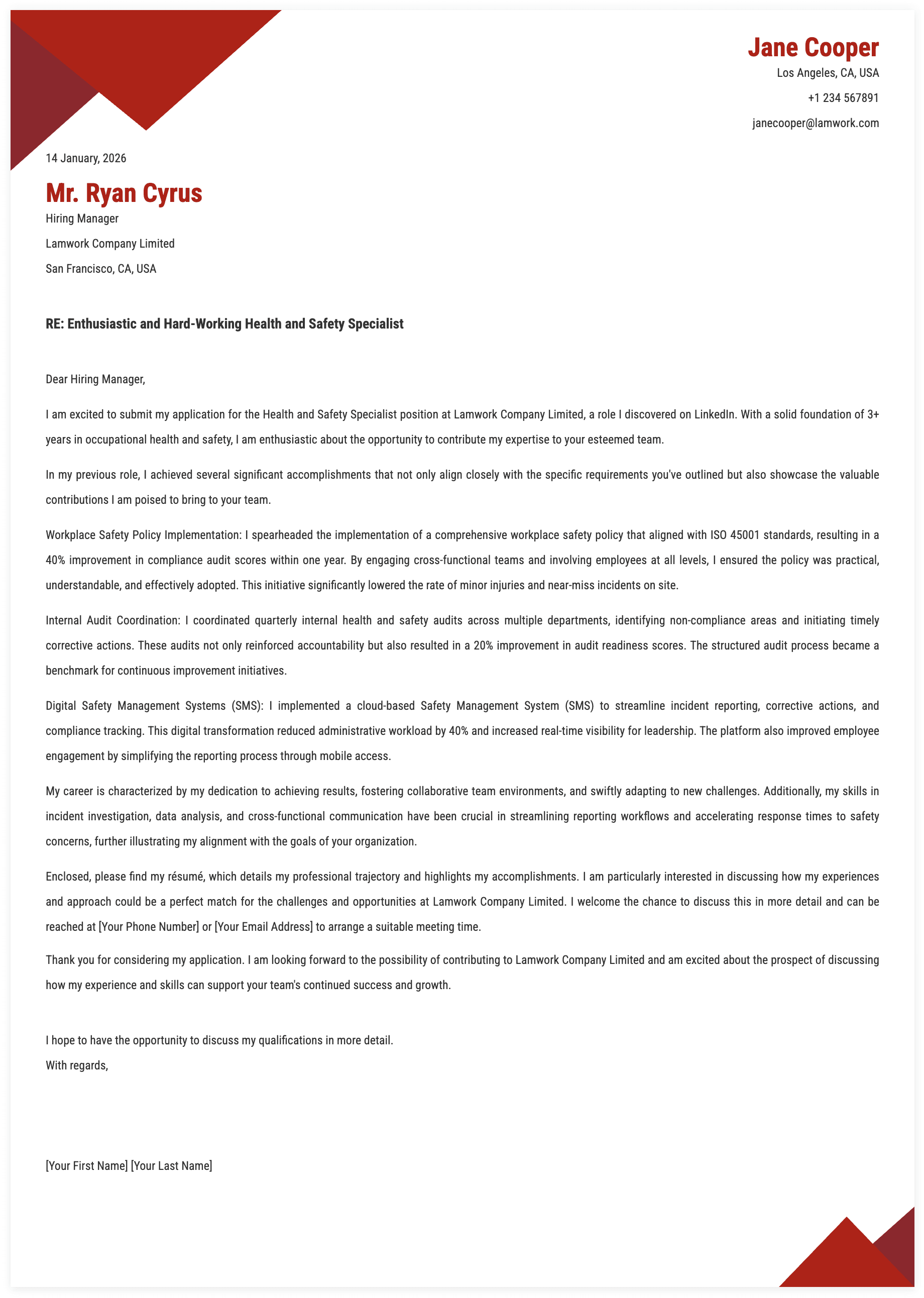 Health and Safety Specialist Cover Letter Template