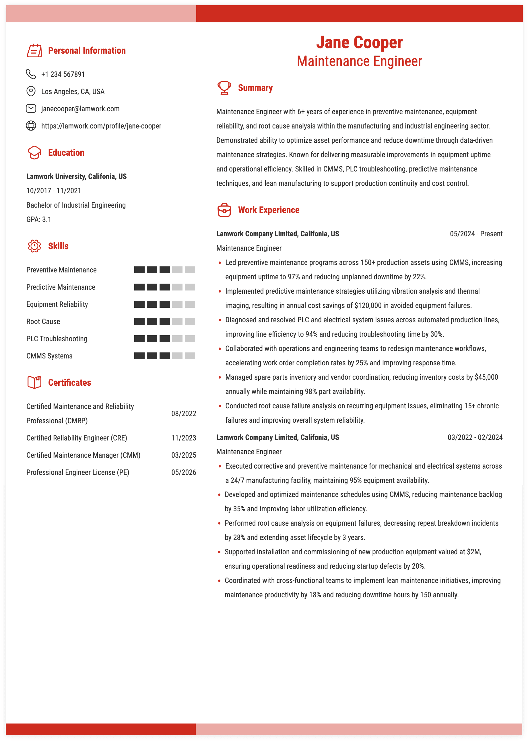 Maintenance Engineer Resume Example
