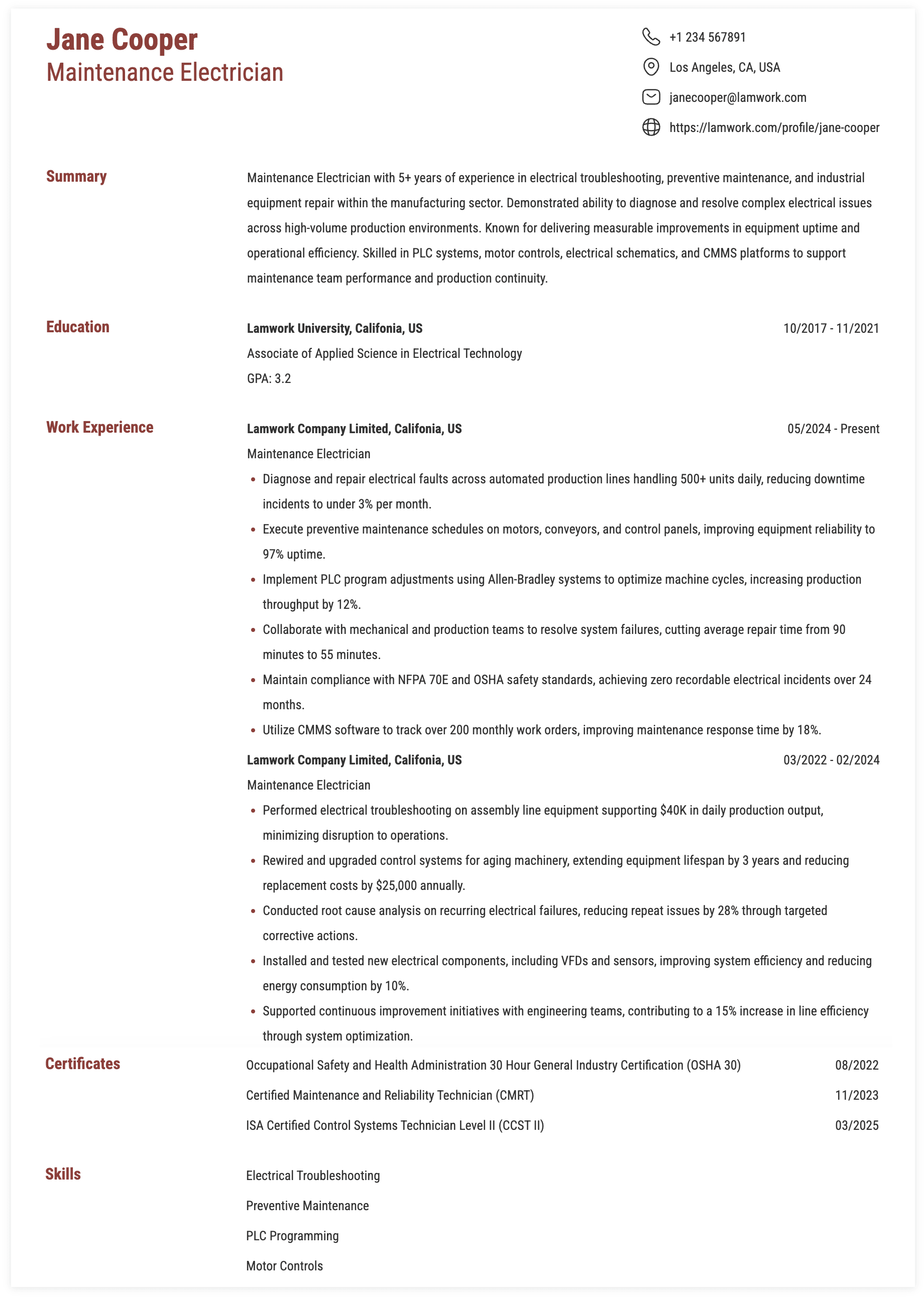 Maintenance Electrician Resume Example