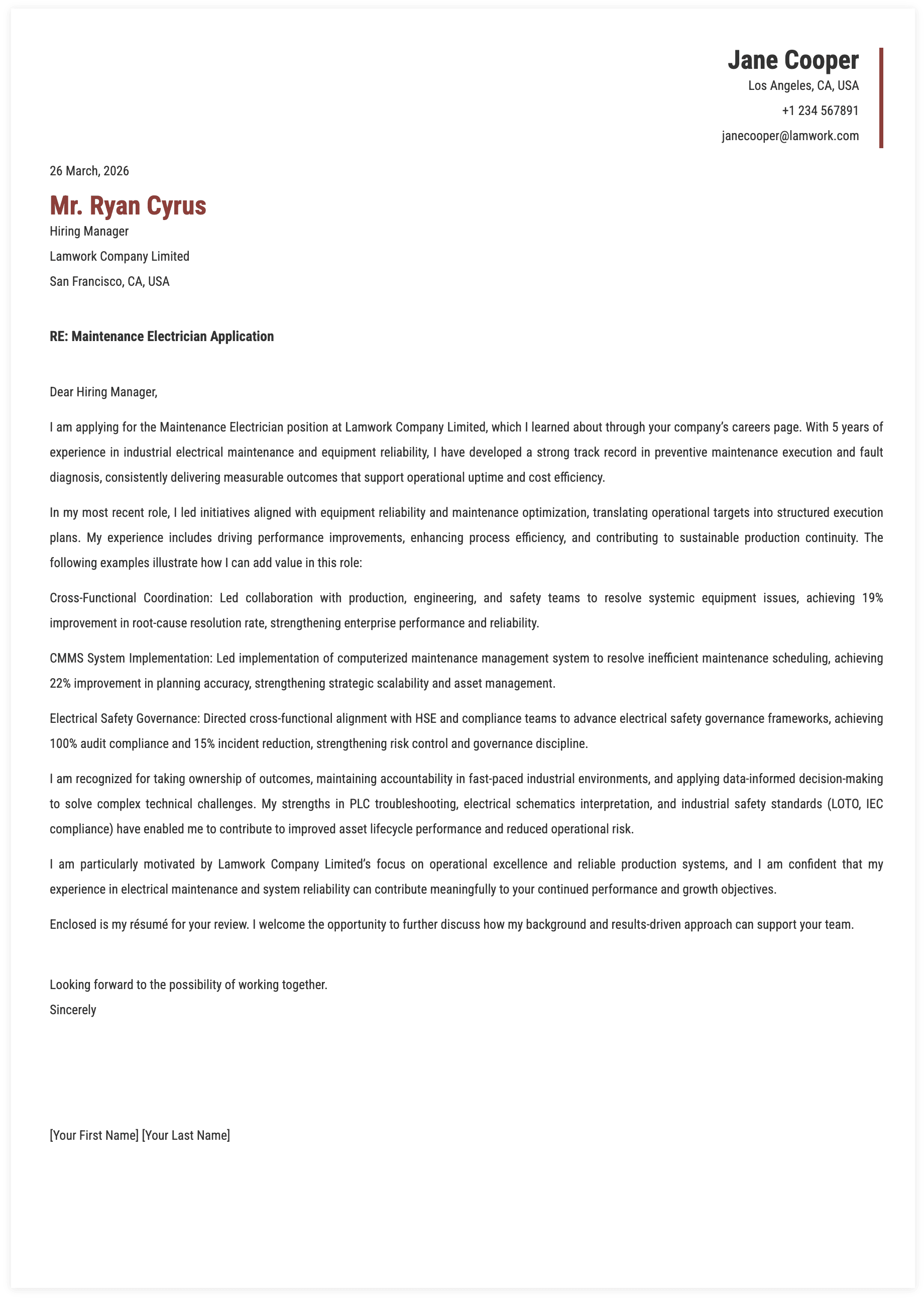Maintenance Electrician Cover Letter Key Qualifications