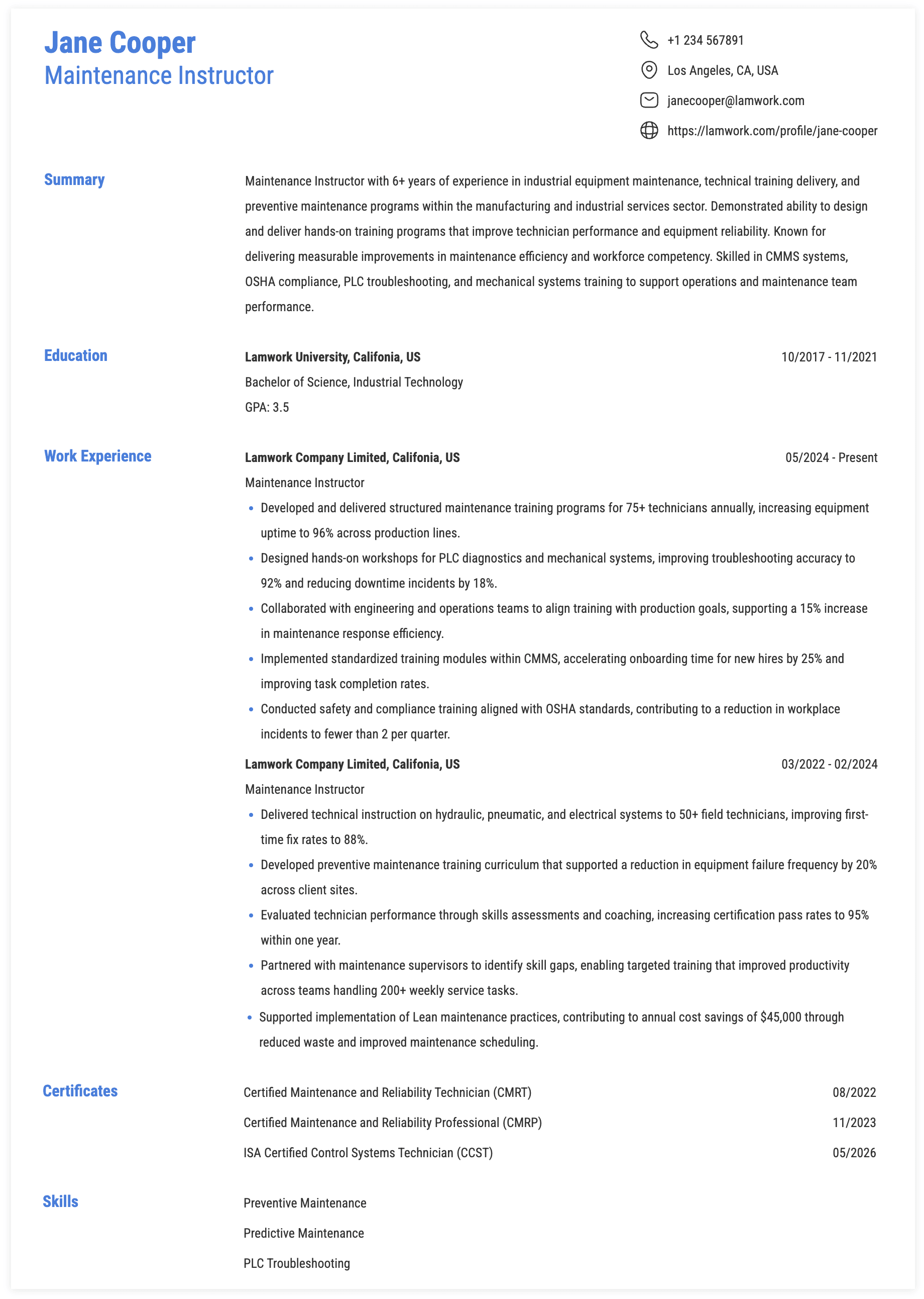 Maintenance Instructor Resume Example