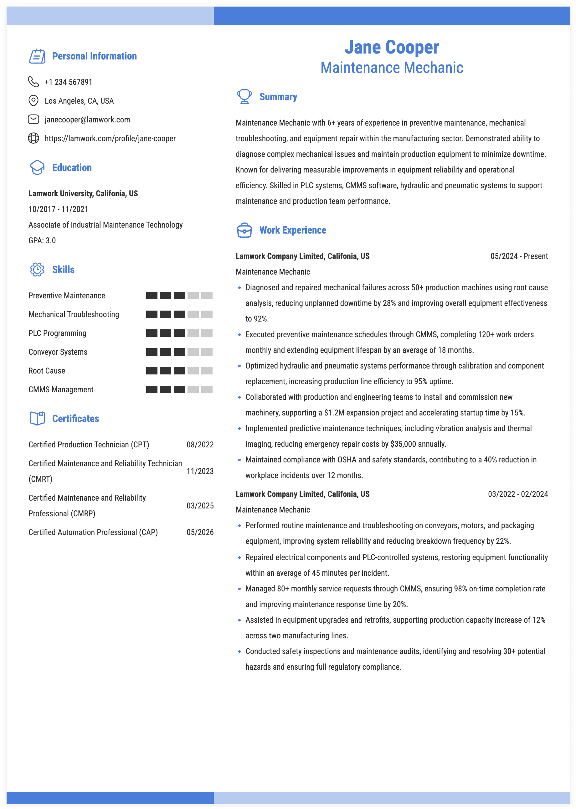 Maintenance Mechanic Resume Example