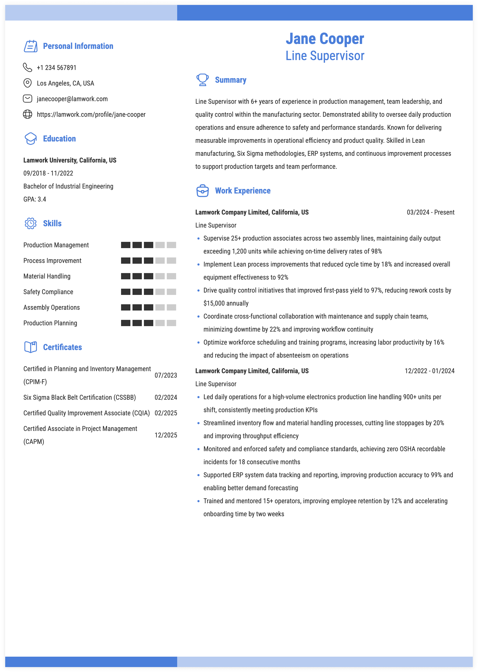 Line Supervisor Resume Example