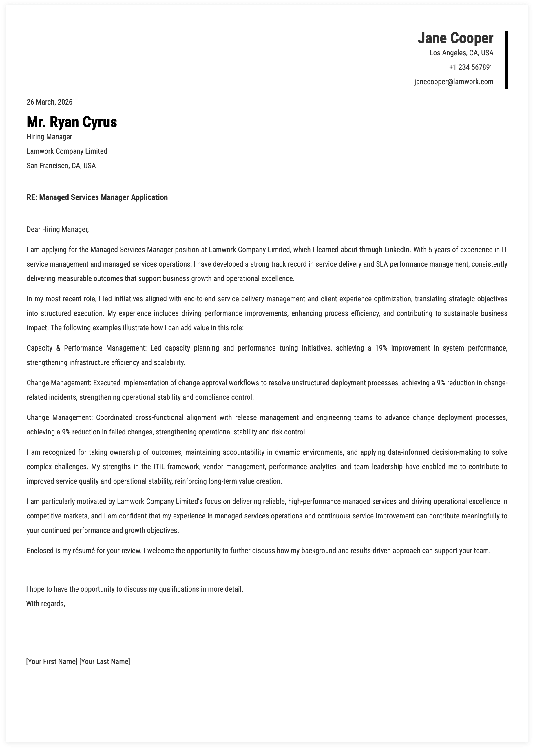 Managed Services Manager Cover Letter Key Qualifications