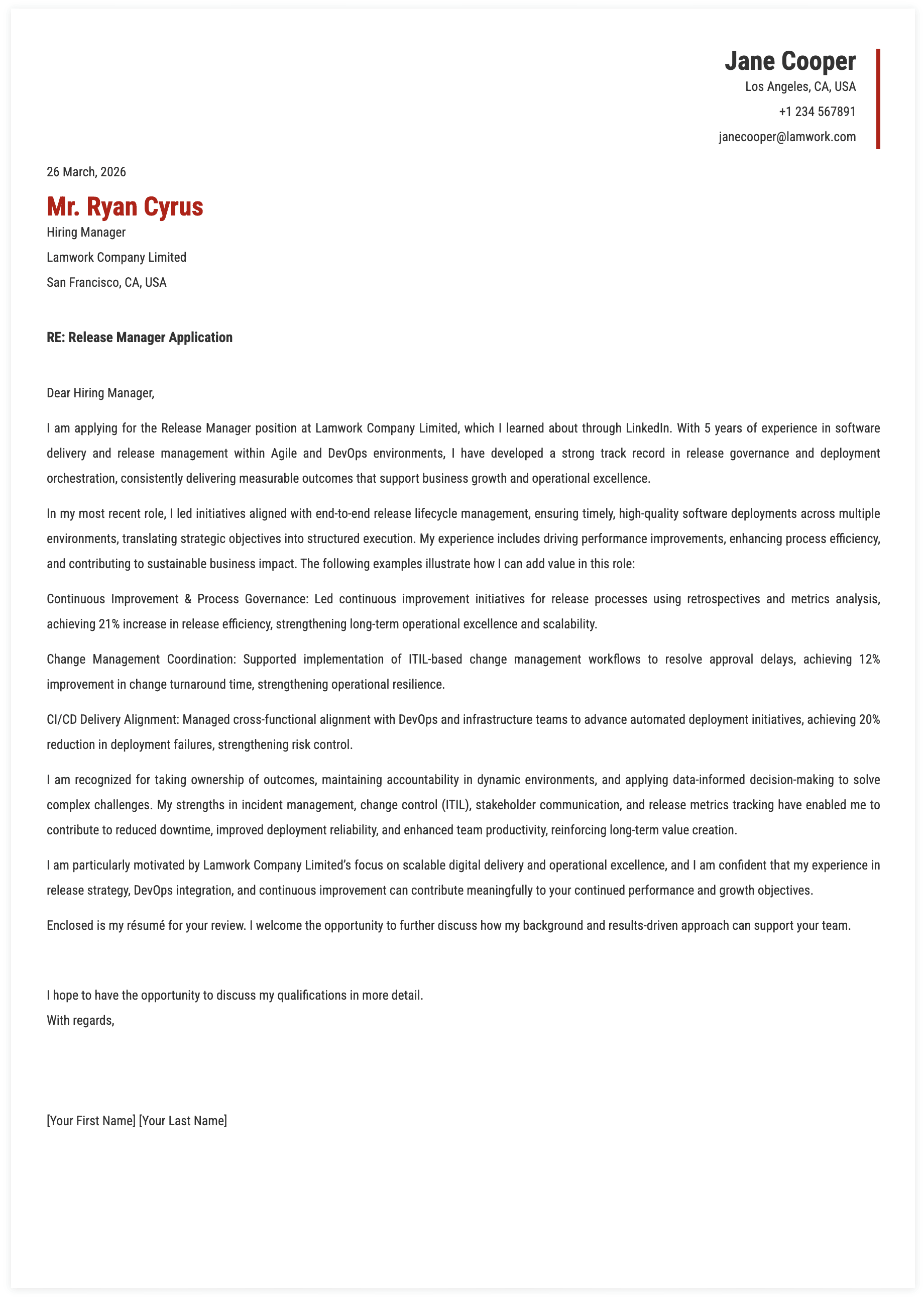 Release Manager Cover Letter Key Qualifications