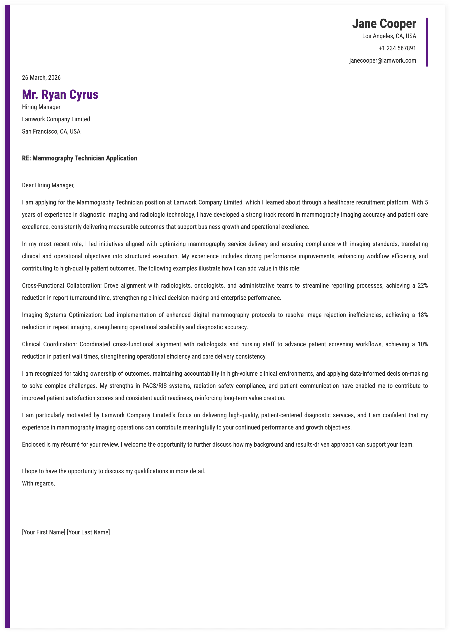 Mammography Technician Cover Letter Key Qualifications