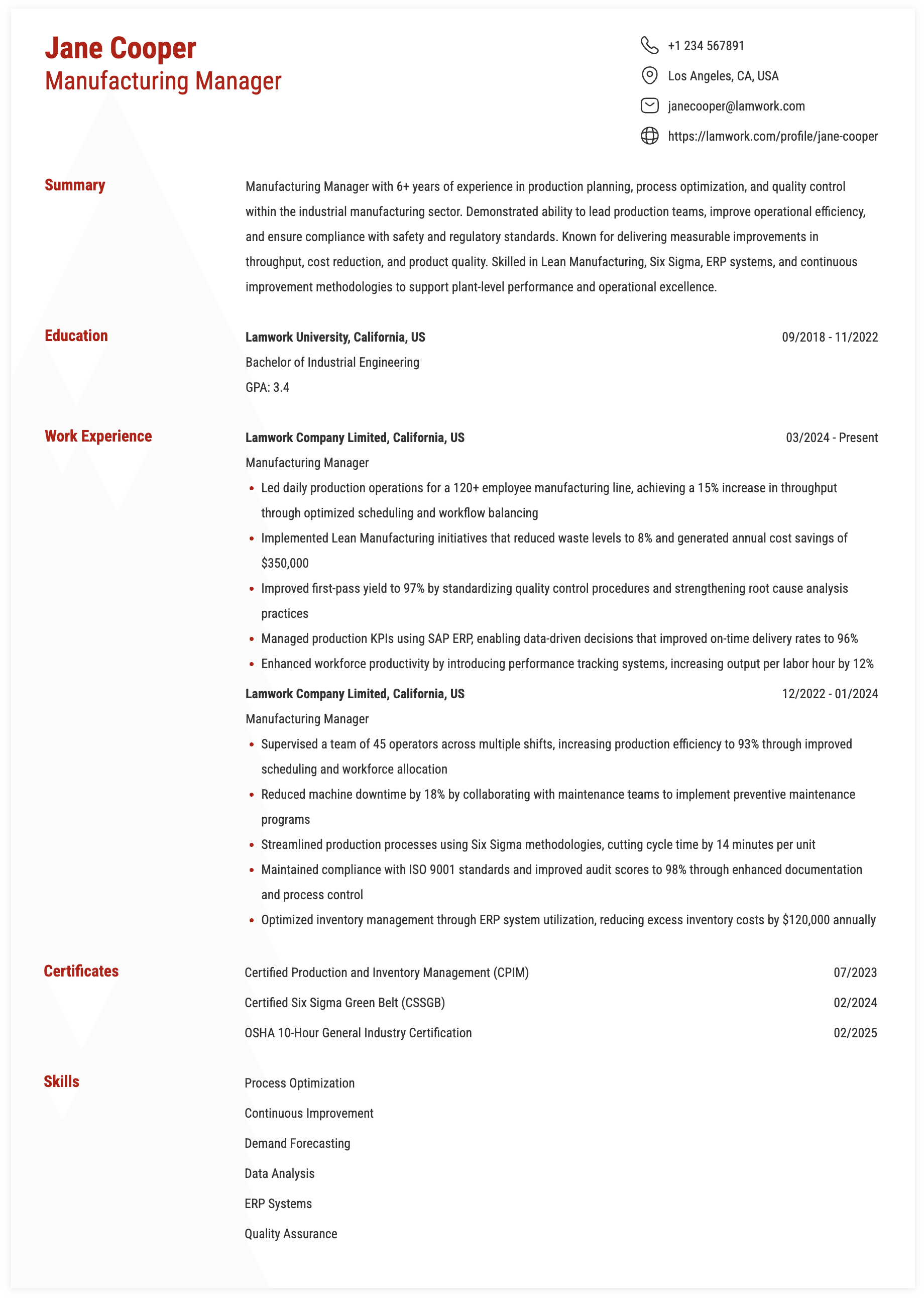 Manufacturing Manager Resume Example