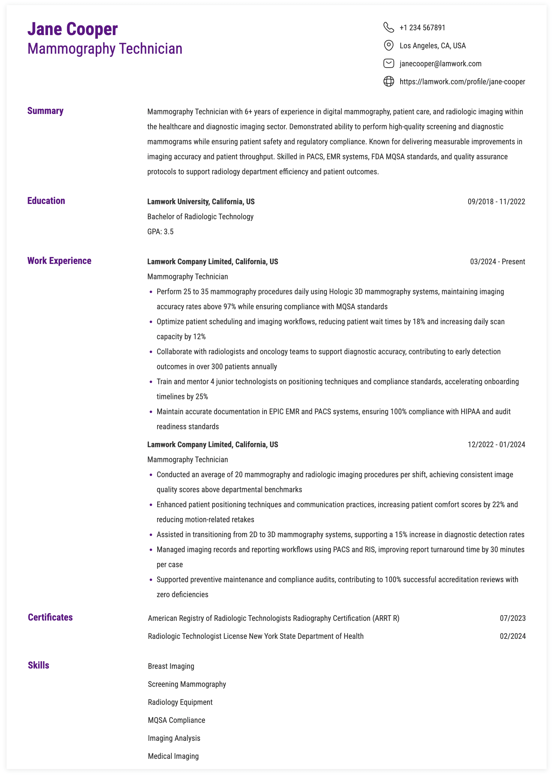 Mammography Technician Resume Example