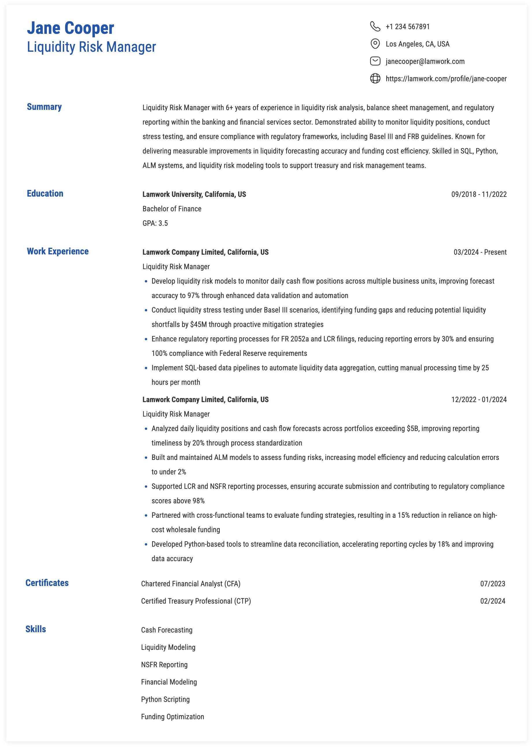 Liquidity Risk Manager Resume Example