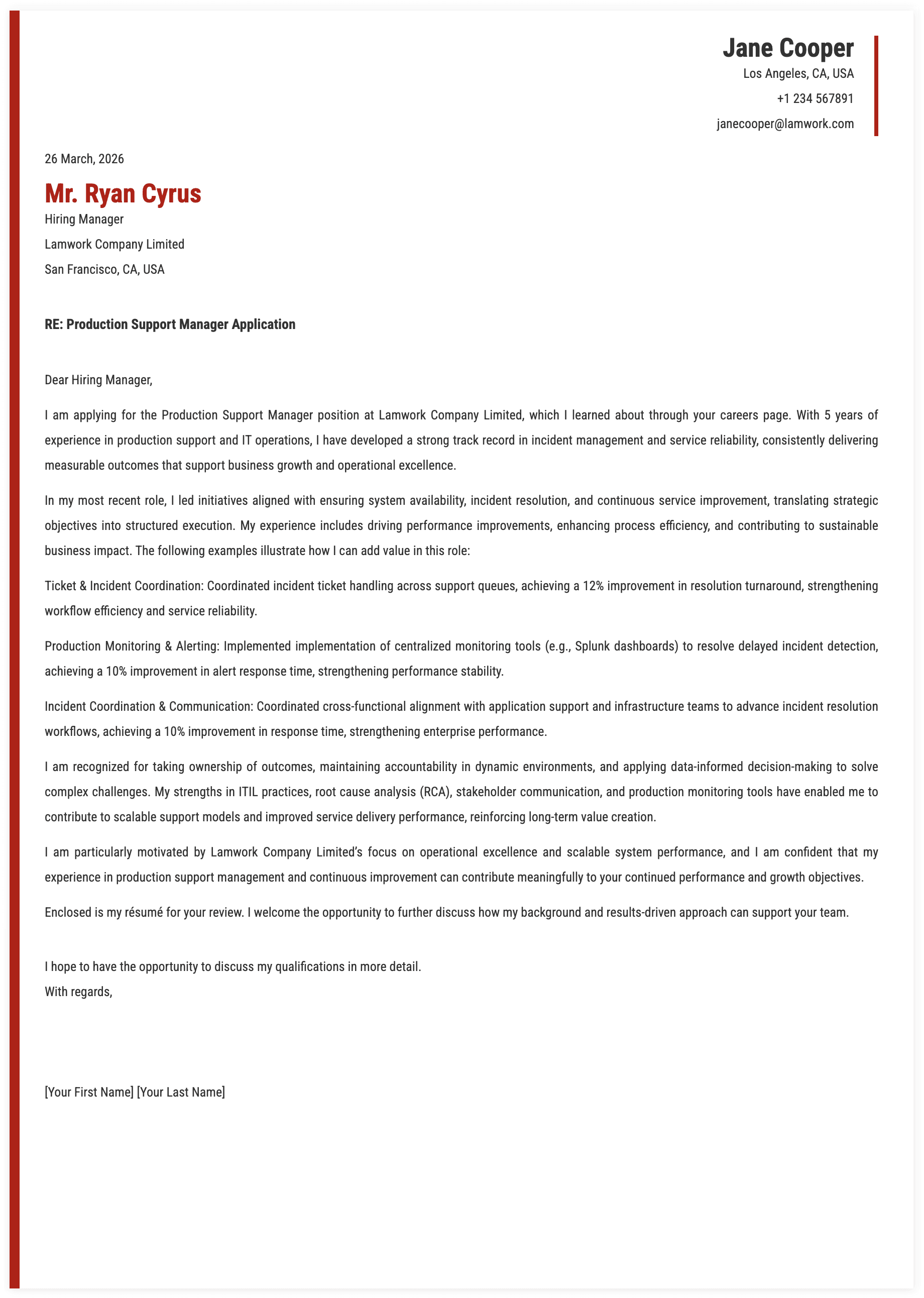 Production Support Manager Cover Letter Key Qualifications