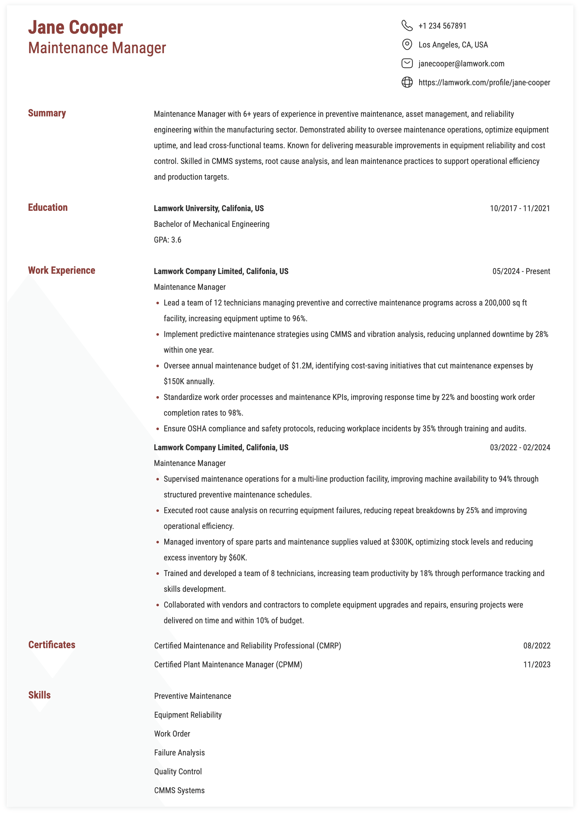 Maintenance Manager Resume Example