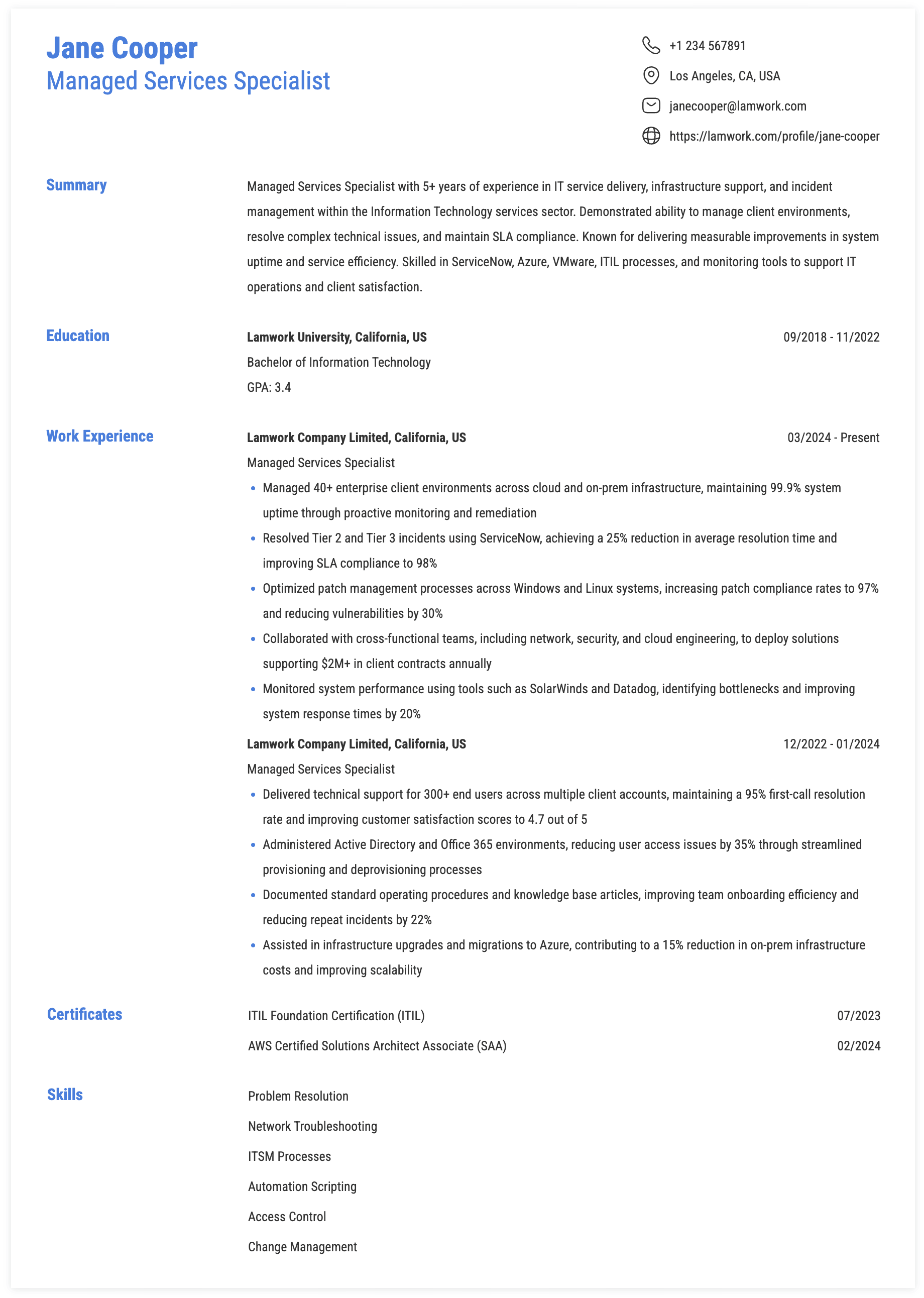Managed Services Specialist Resume Example