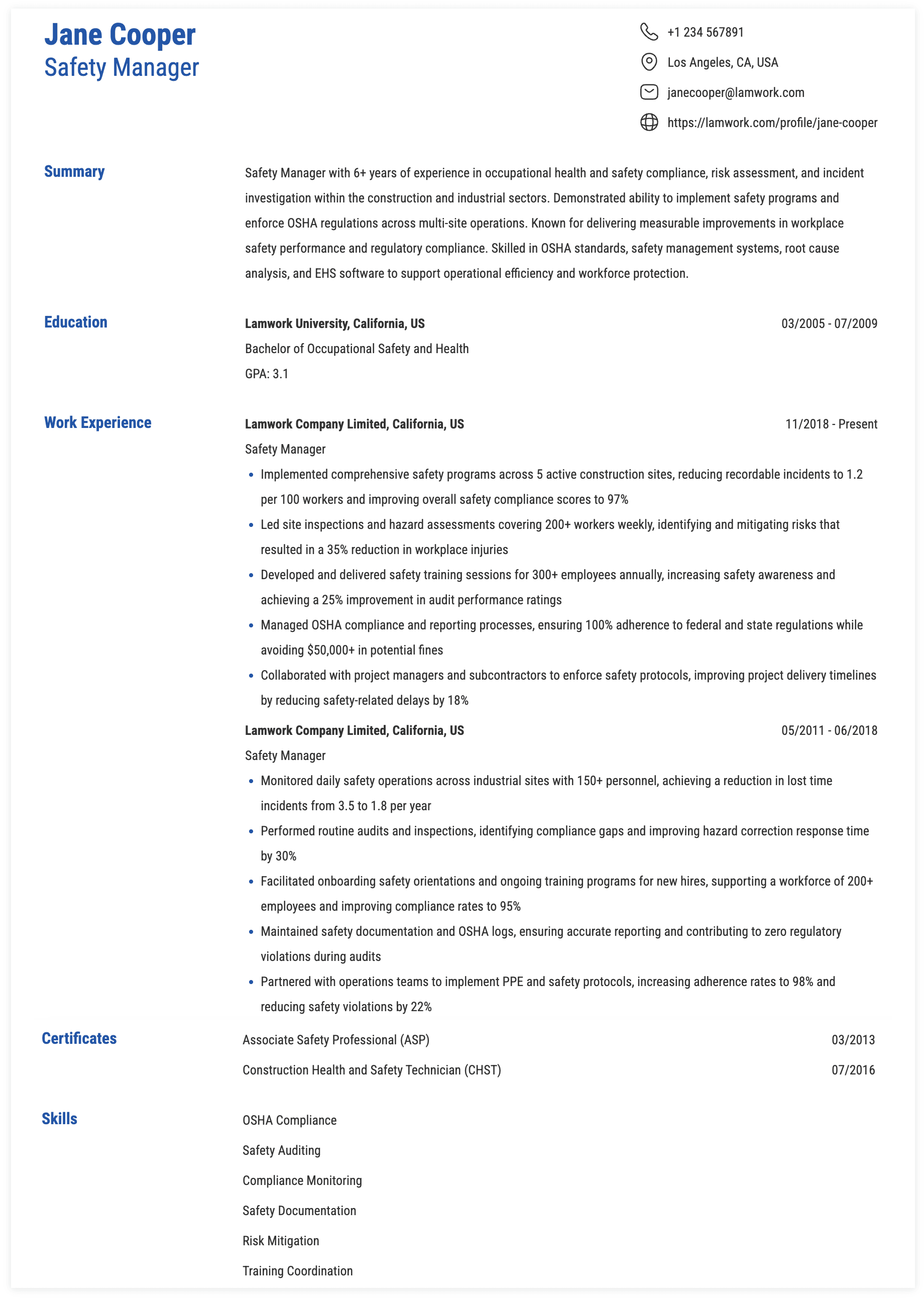 Safety Manager Resume Example