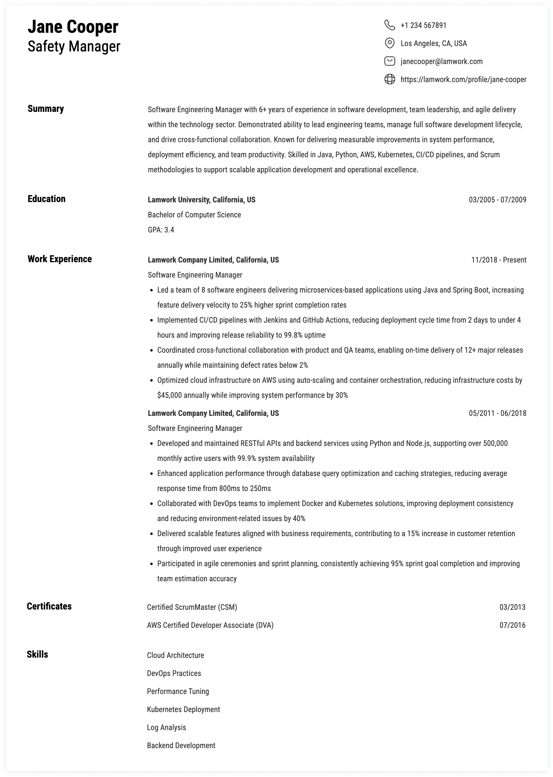 Software Engineering Manager Resume Example