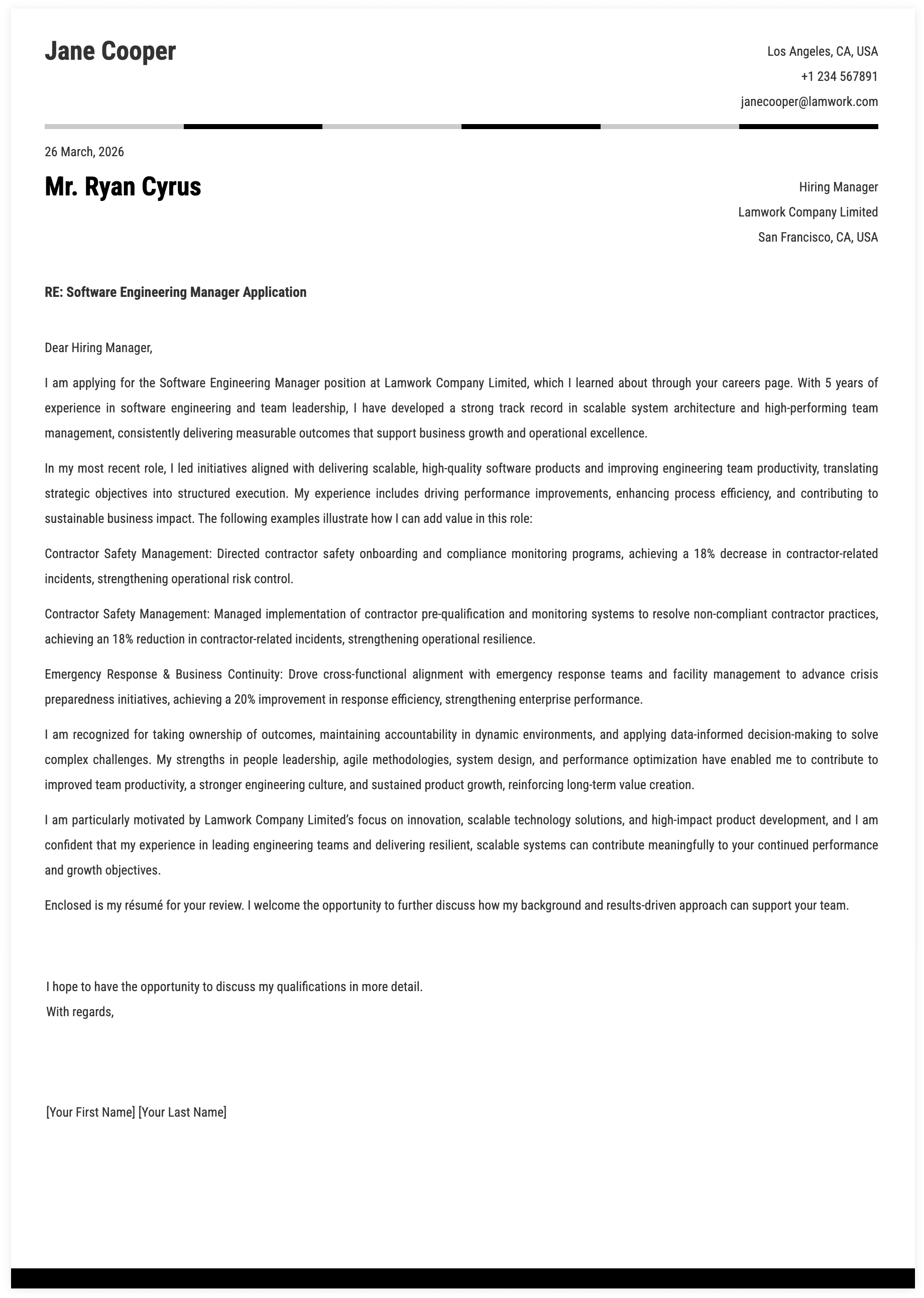 Software Engineering Manager Cover Letter Key Qualifications