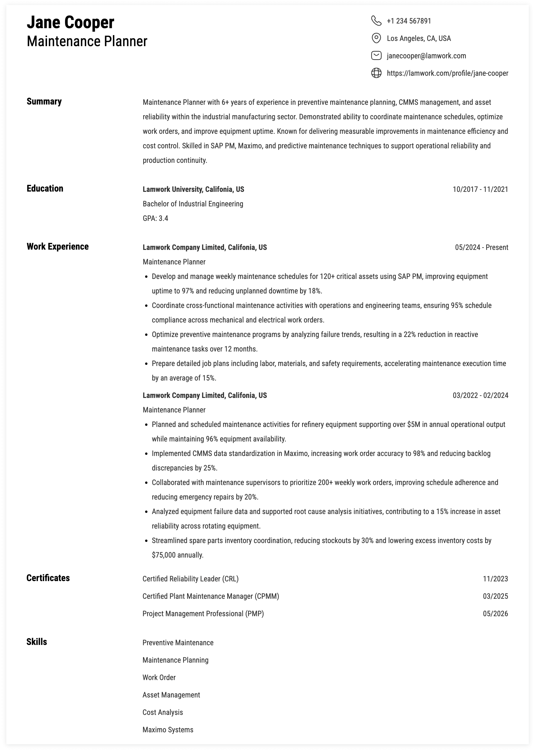 Maintenance Planner Resume Example