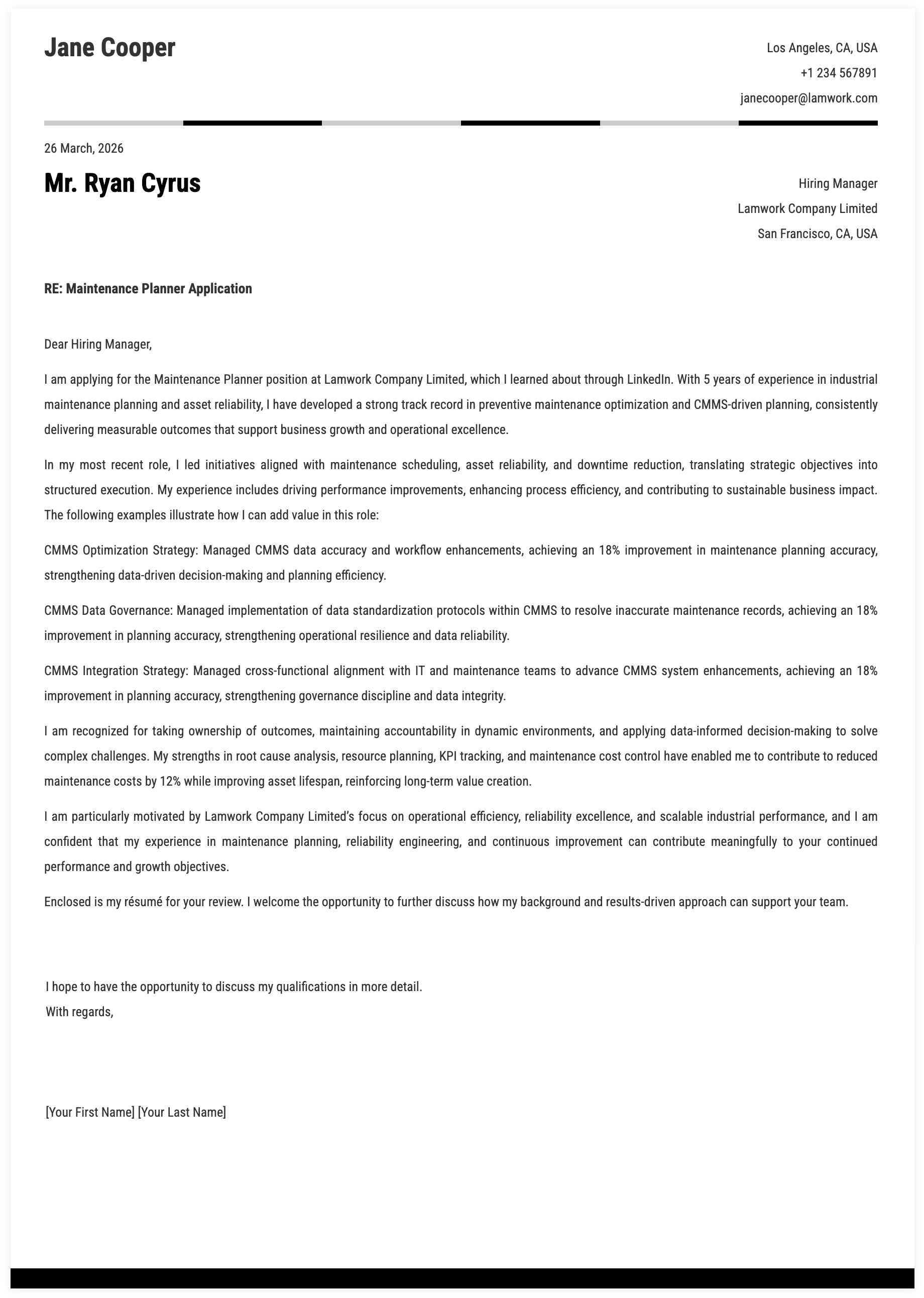 Maintenance Planner Cover Letter Key Qualifications