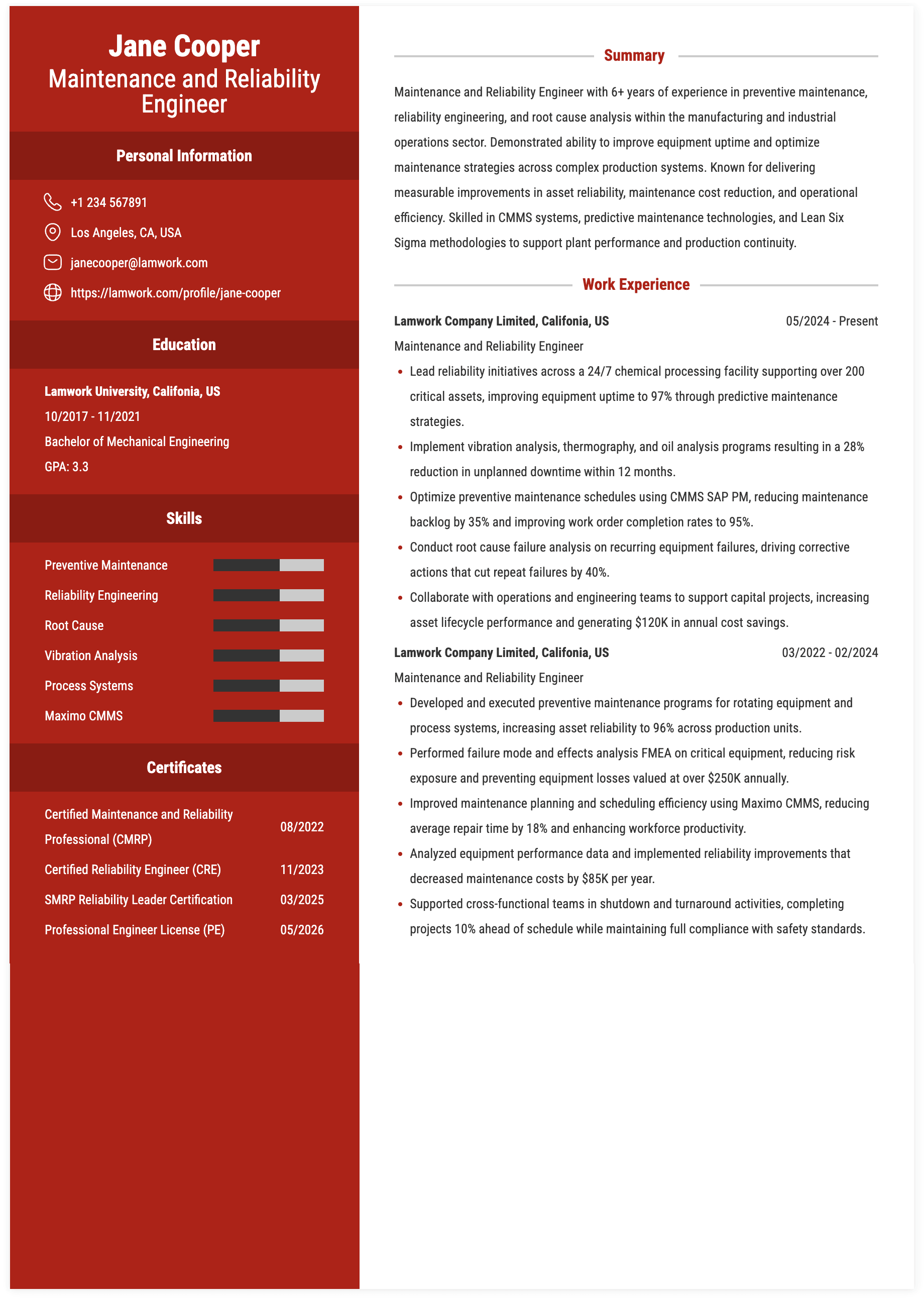 Maintenance and Reliability Engineer Resume Example