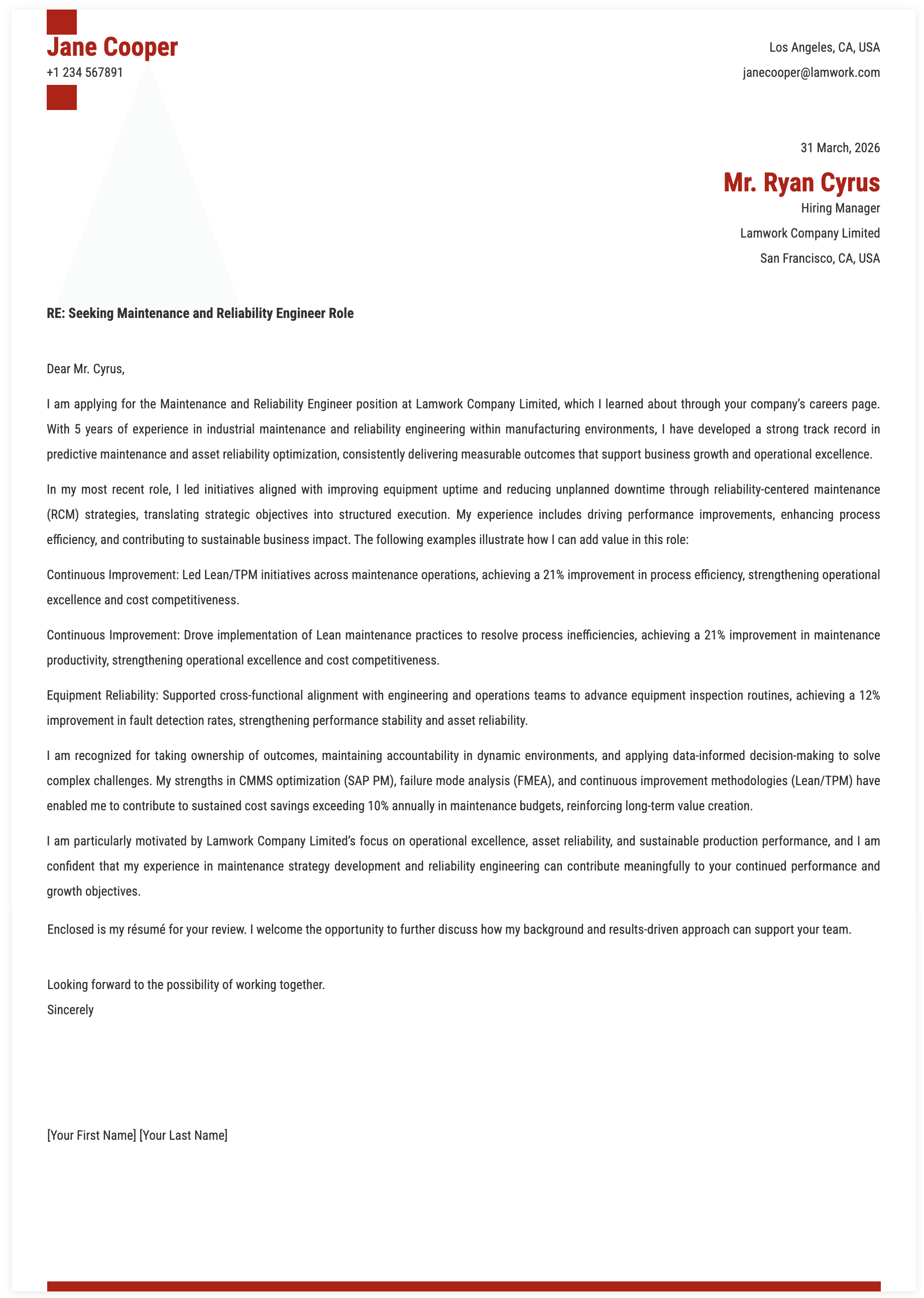 Maintenance and Reliability Engineer Cover Letter Key Qualifications