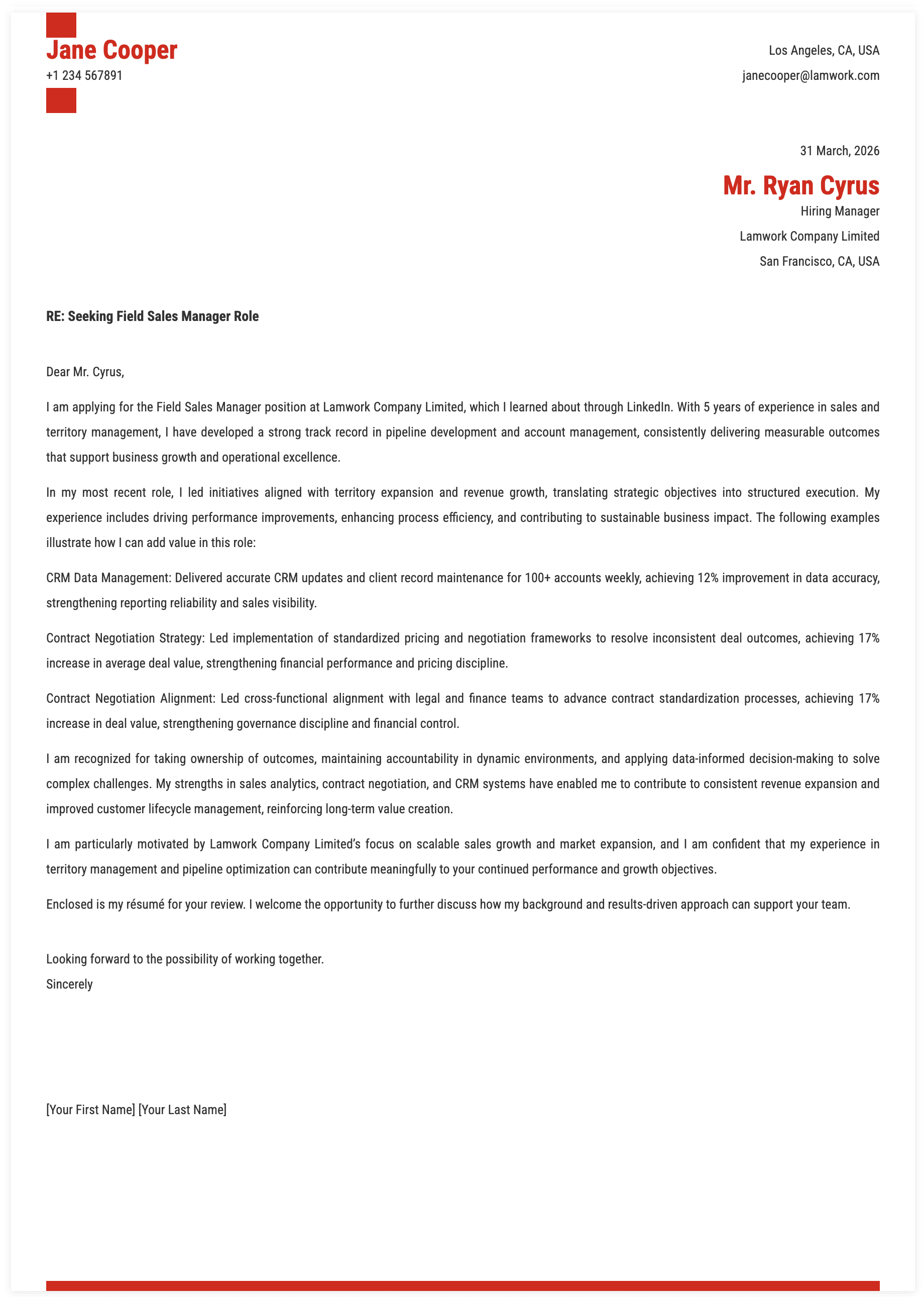 Field Sales Manager Cover Letter Key Qualifications