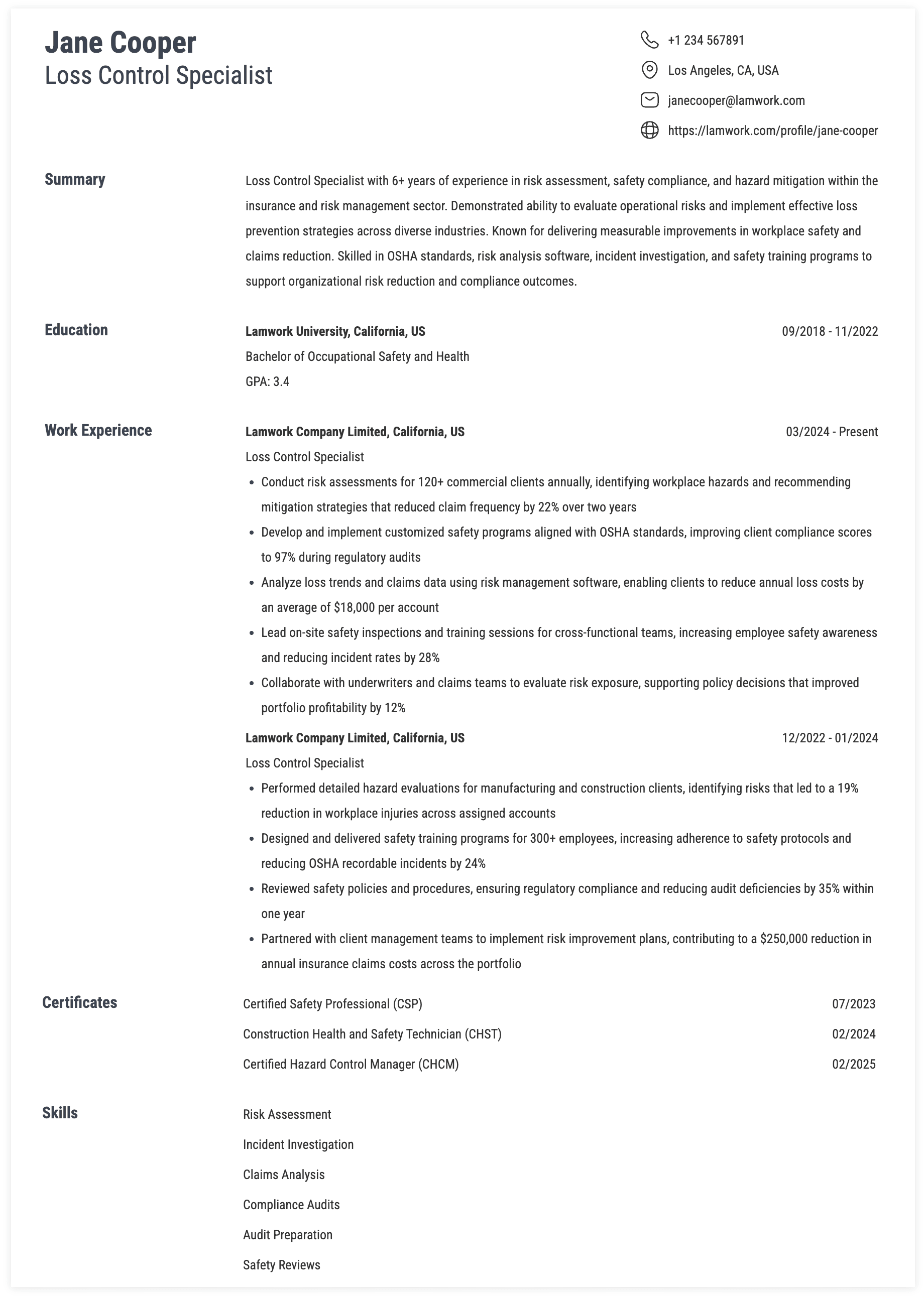Loss Control Specialist Resume Example