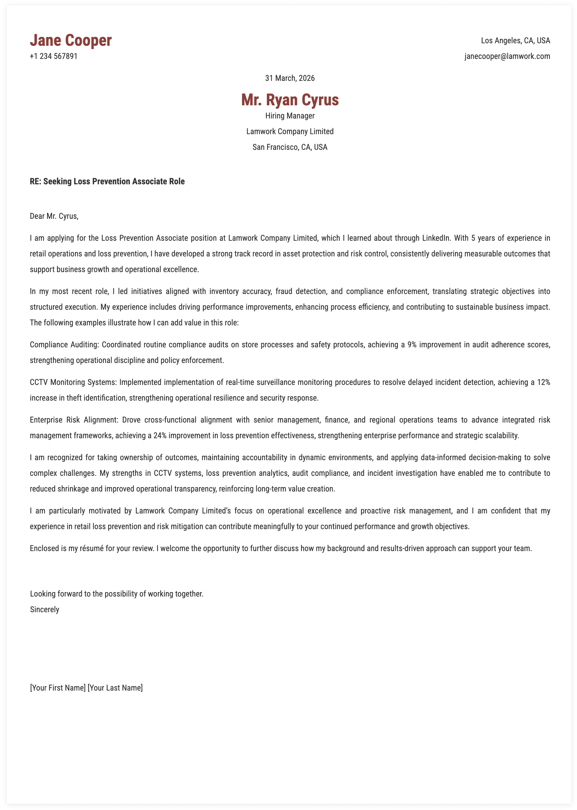 Loss Prevention Associate Cover Letter Key Qualifications