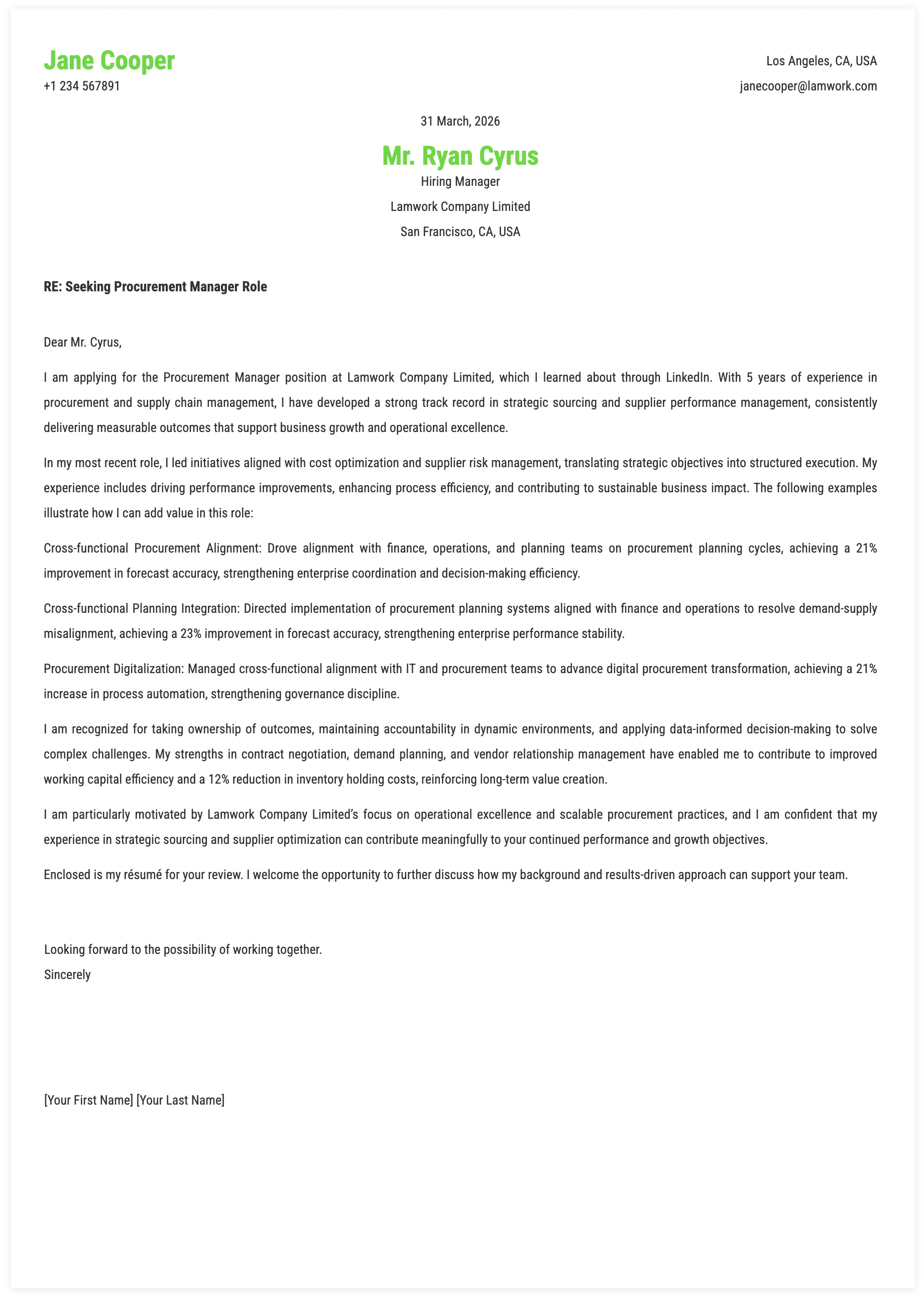 Procurement Manager Cover Letter Key Qualifications