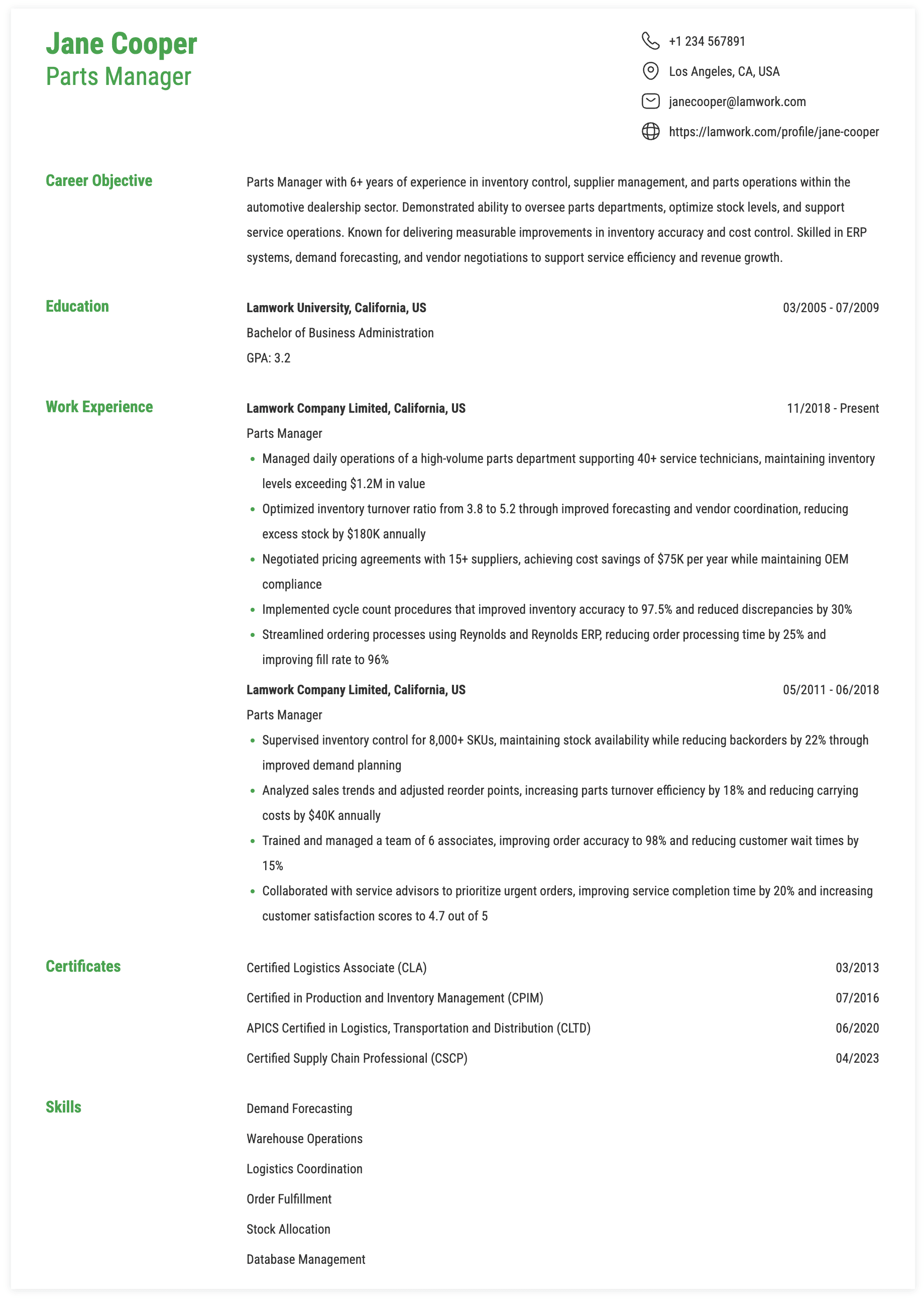 Parts Manager Resume Example