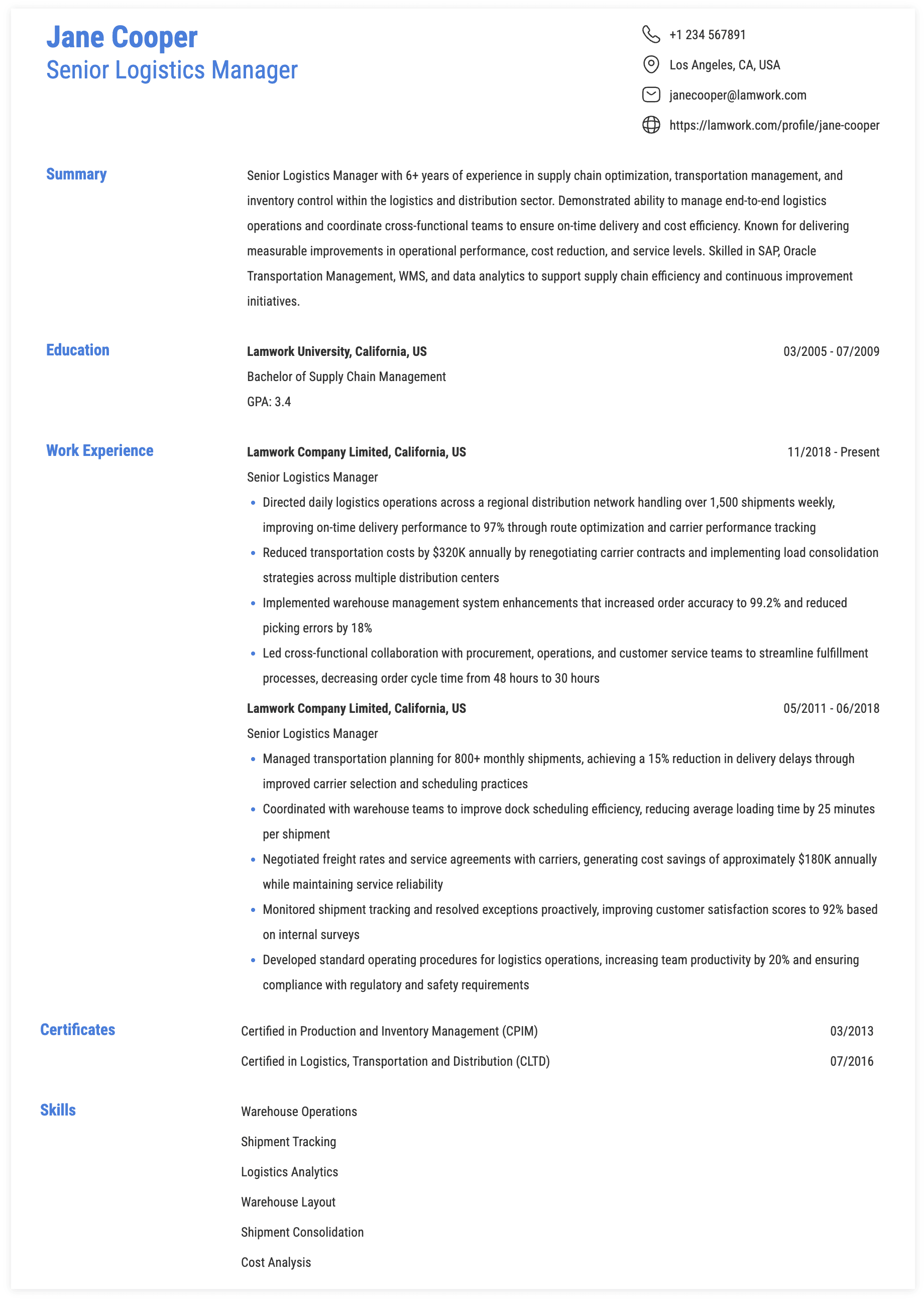 Senior Logistics Manager Resume Example