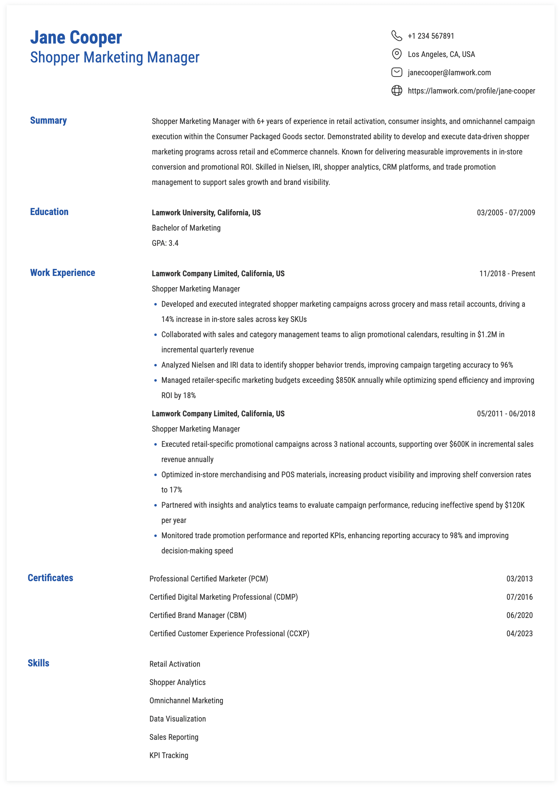 Shopper Marketing Manager Resume Example