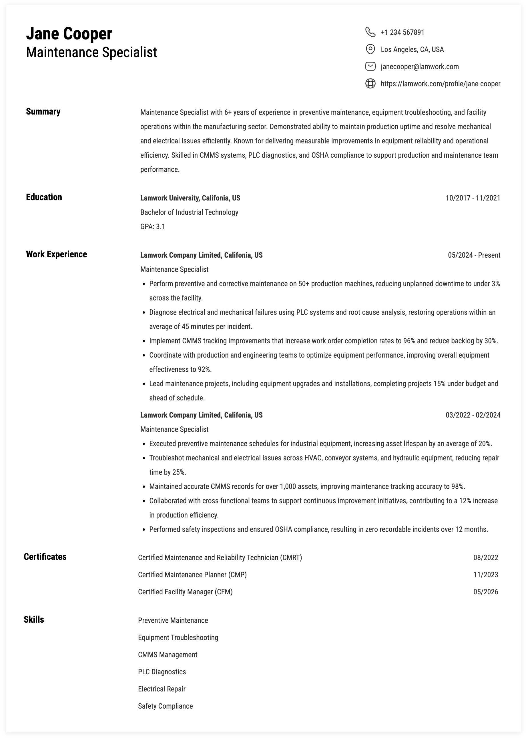 Maintenance Specialist Resume Example