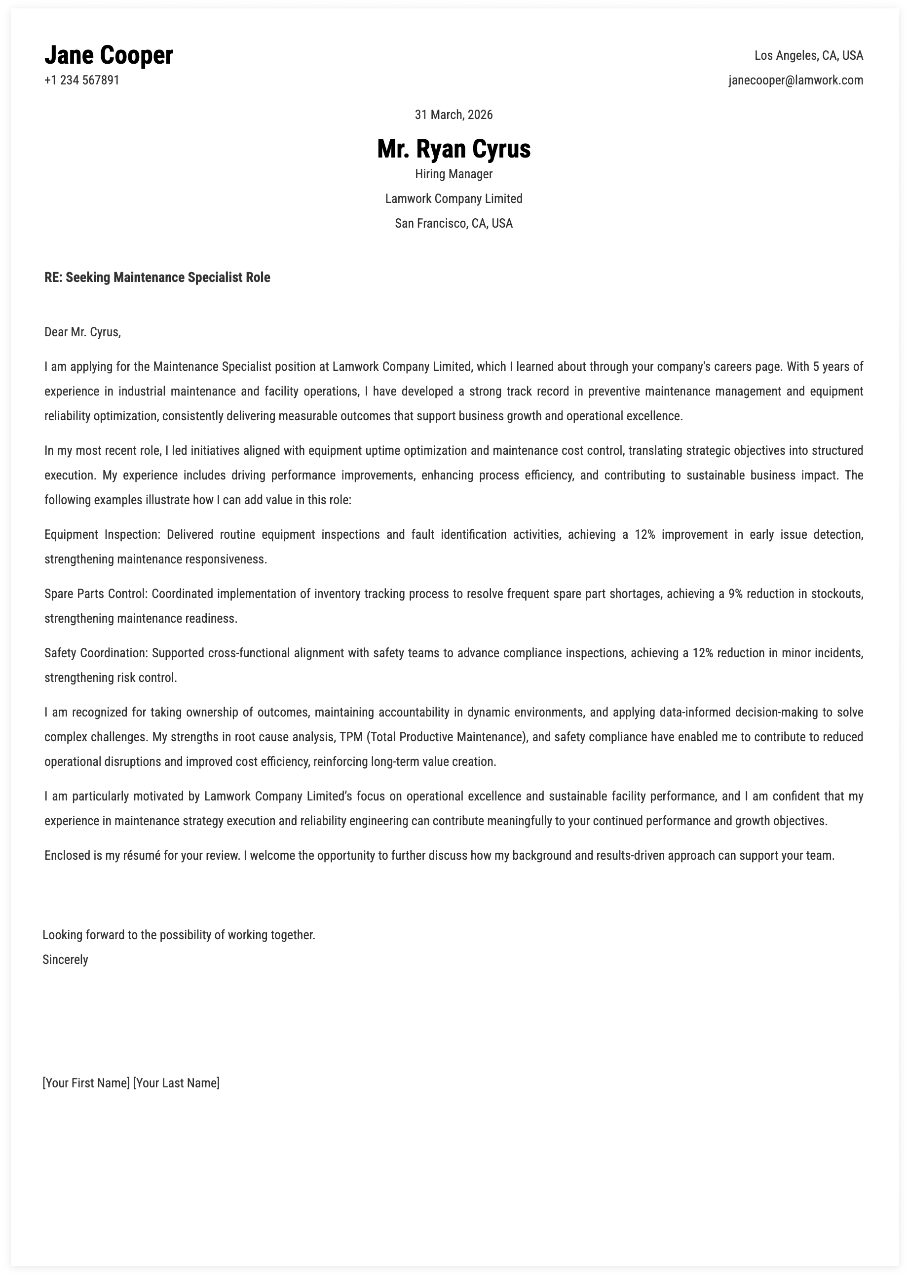 Maintenance Specialist Cover Letter Key Qualifications