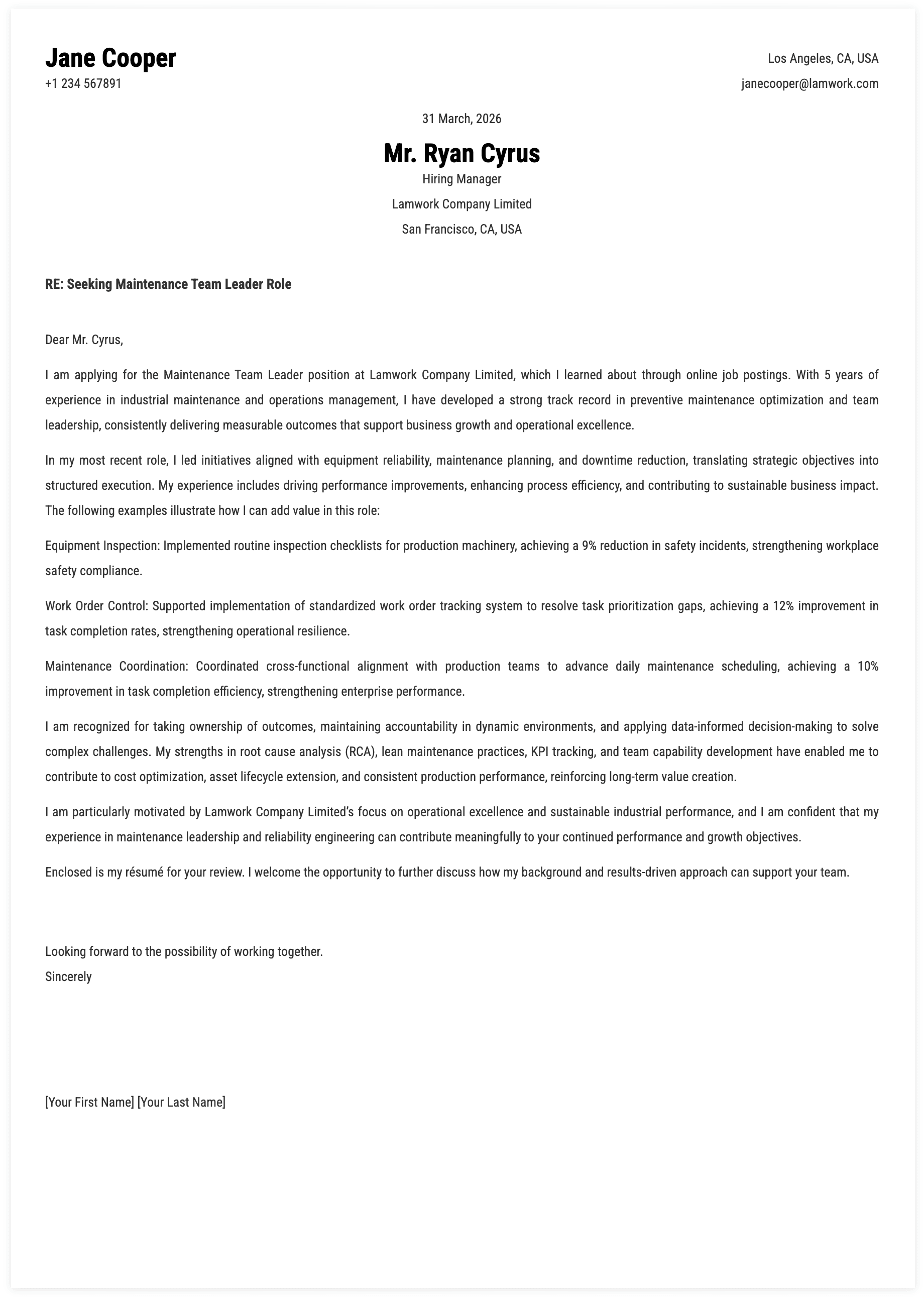 Maintenance Team Leader Cover Letter Key Qualifications