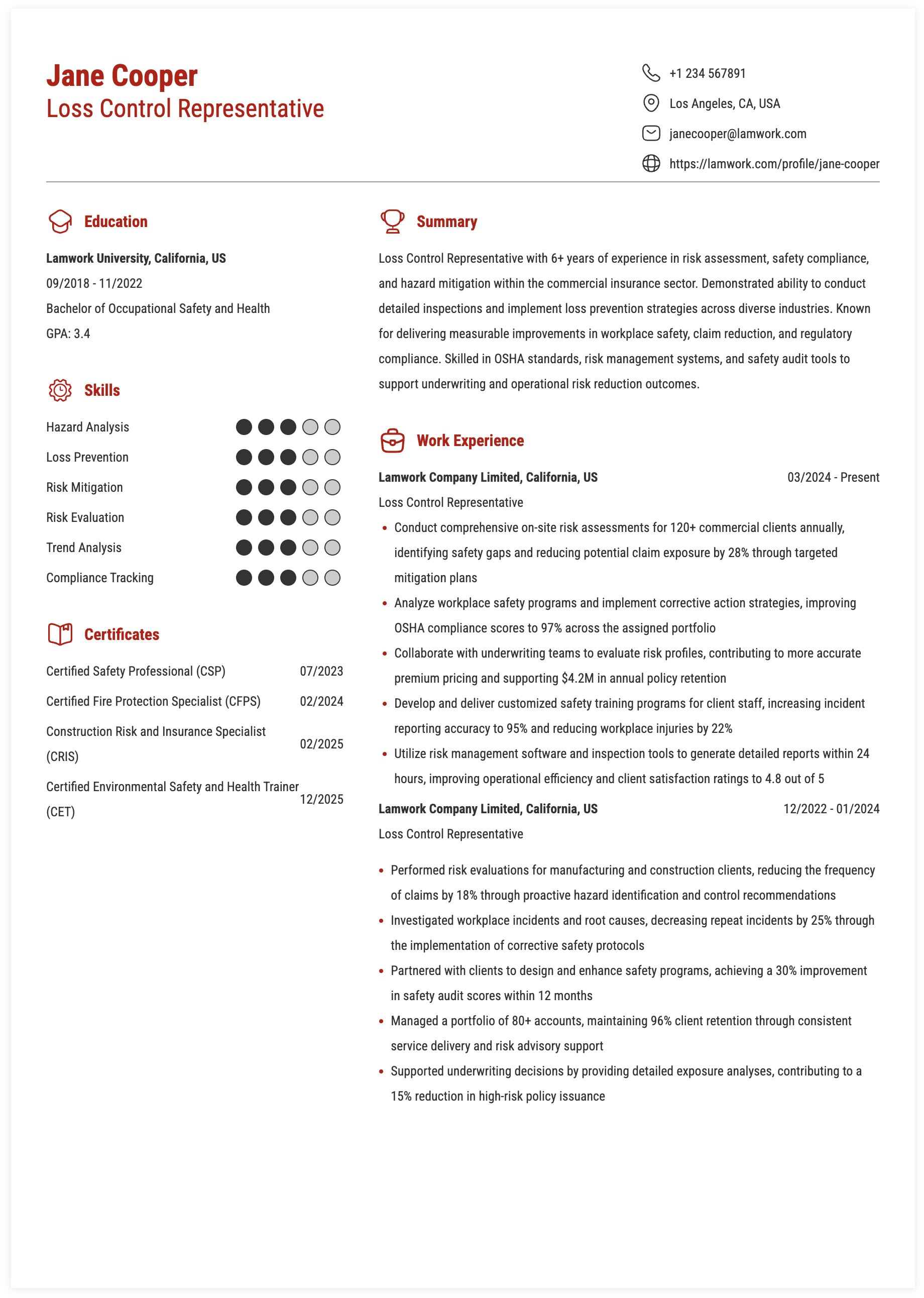Loss Control Representative Resume Example