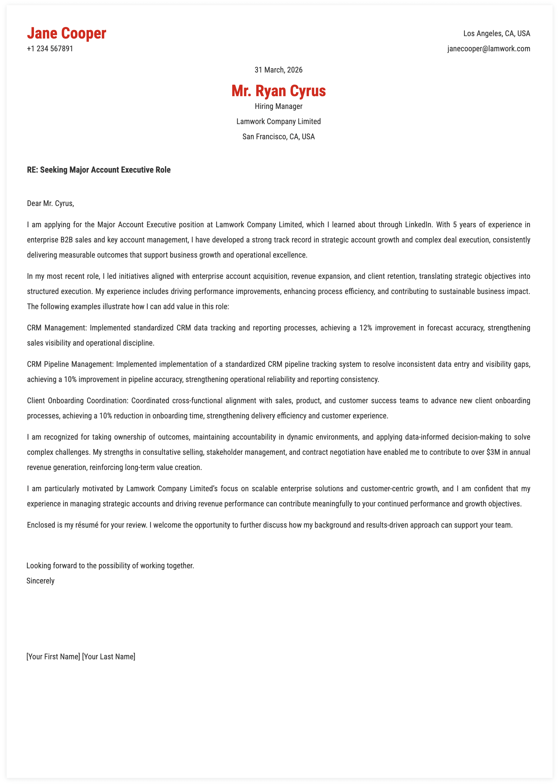 Major Account Executive Cover Letter Key Qualifications