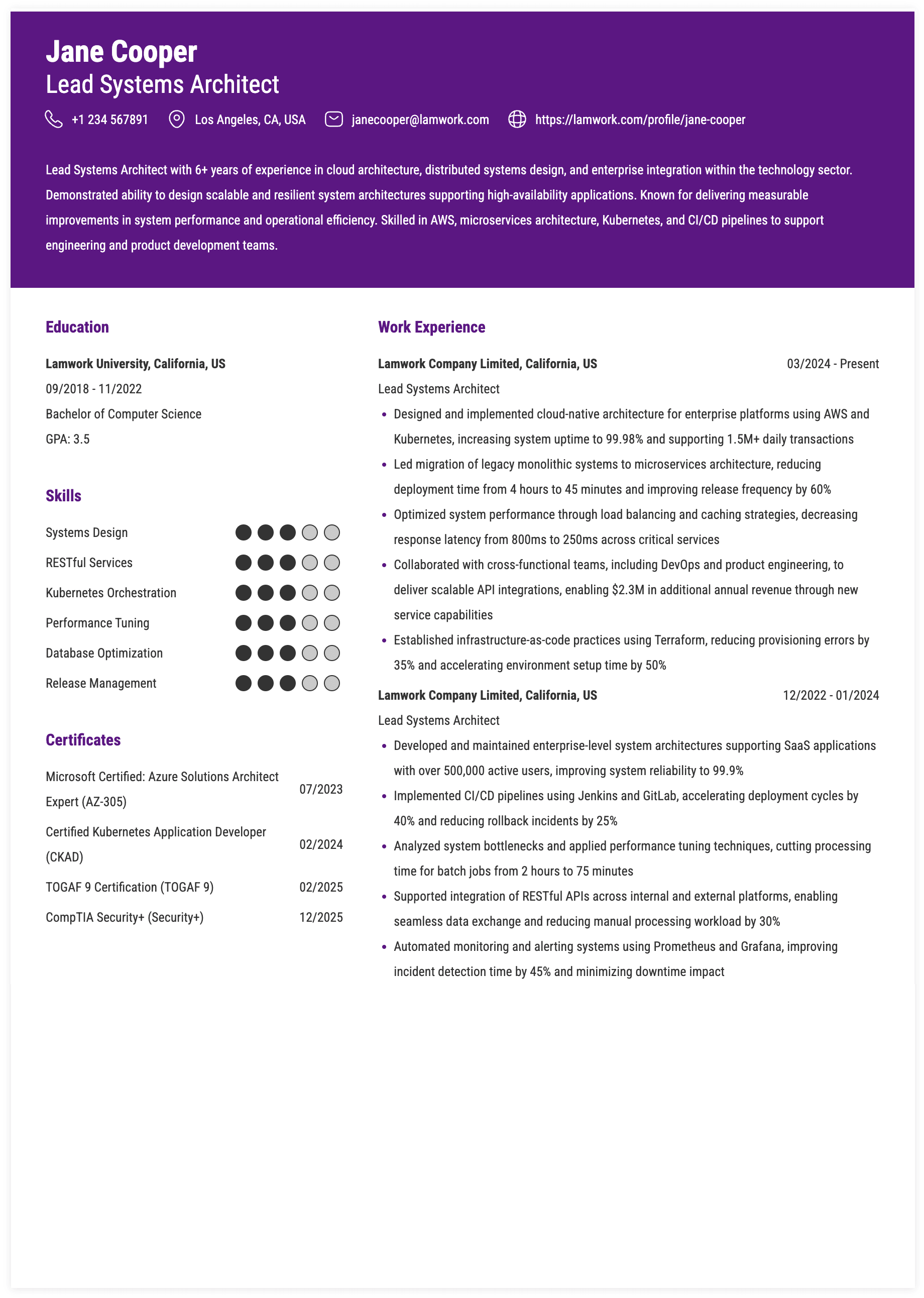 Lead Systems Architect Resume Example